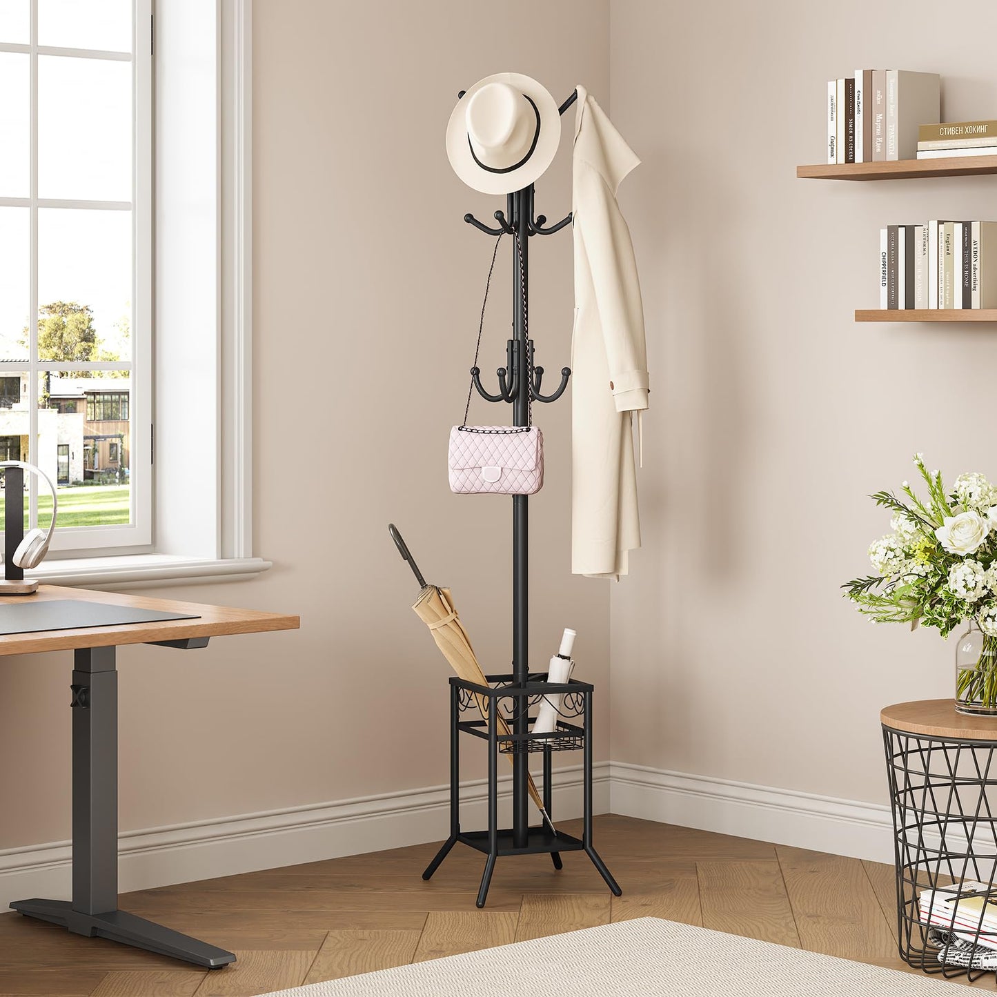 ELYKEN Metal Coat Stand with Umbrella Holder Vintage for Office, Black