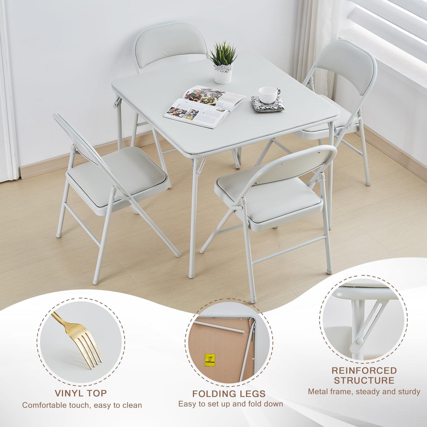 TAO ONE Square Folding Table 32x32 Small Card Table Foldable - White