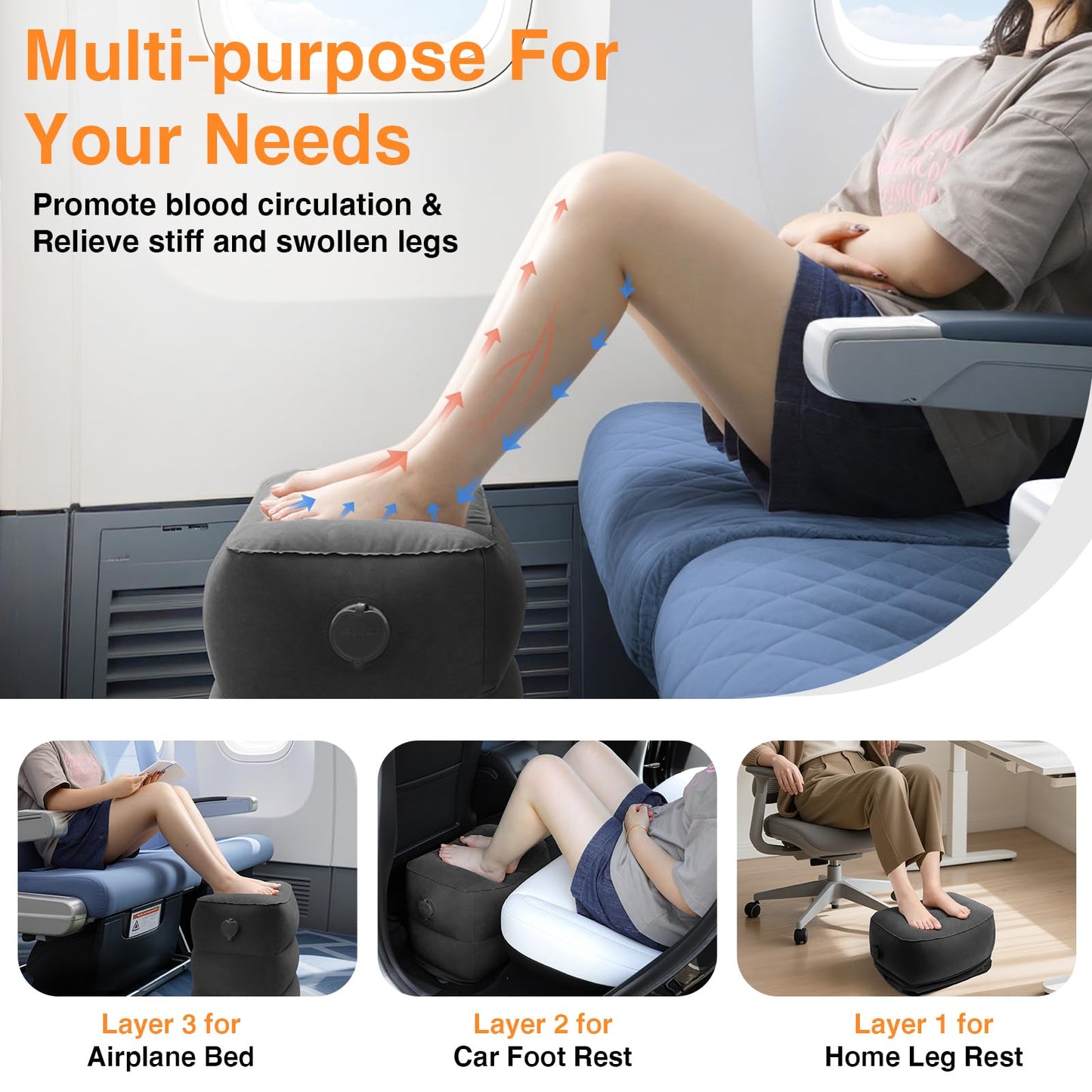 Maliton Inflatable Airplane Foot Rest with Pump Bag (Black, 1 Pack)