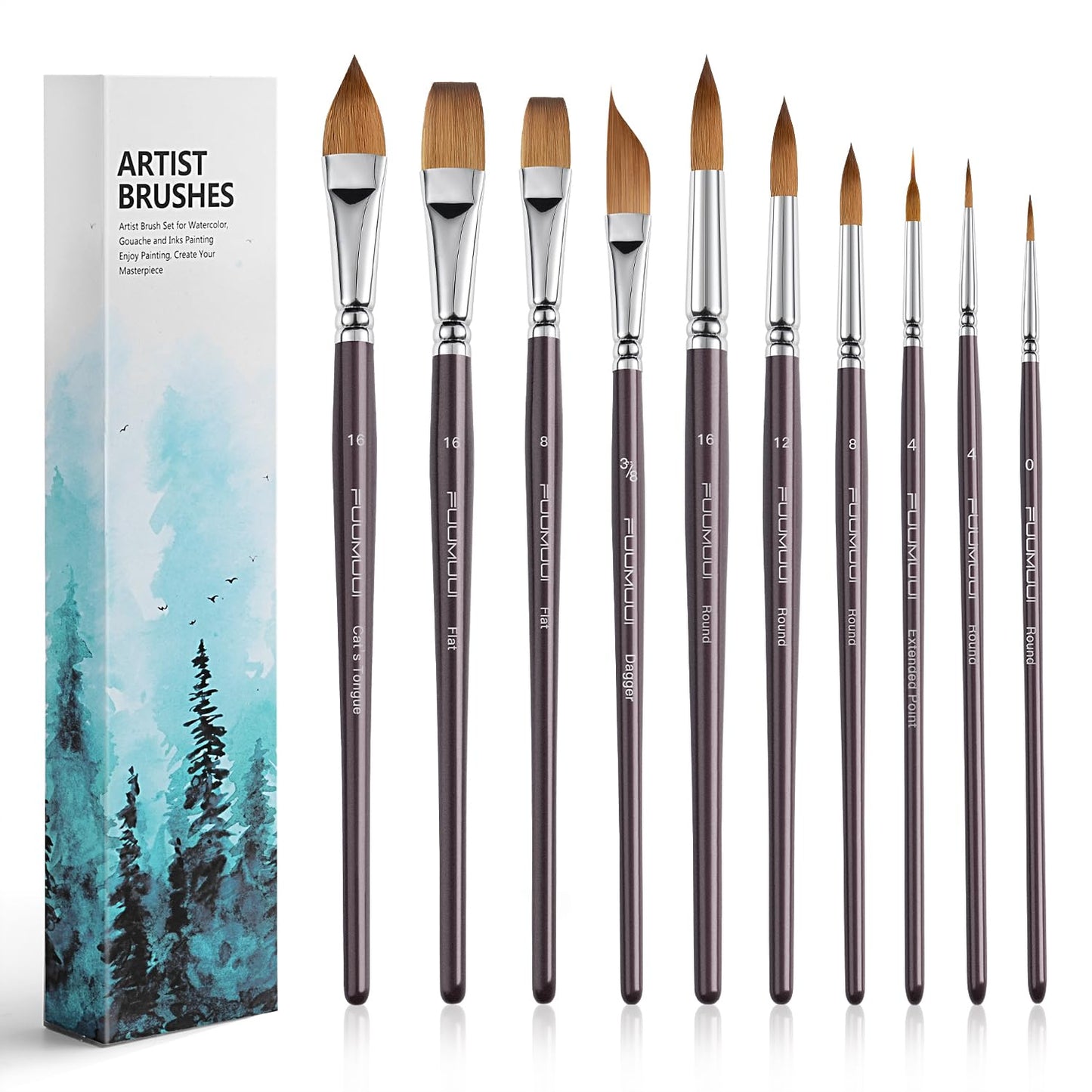 10Pcs Fuumuui Professional Sable Watercolour Brushes, Kolinsky Sable Brush Set Variety Shapes with Extended Needle Point, Flat, Round, Cat's Tongue