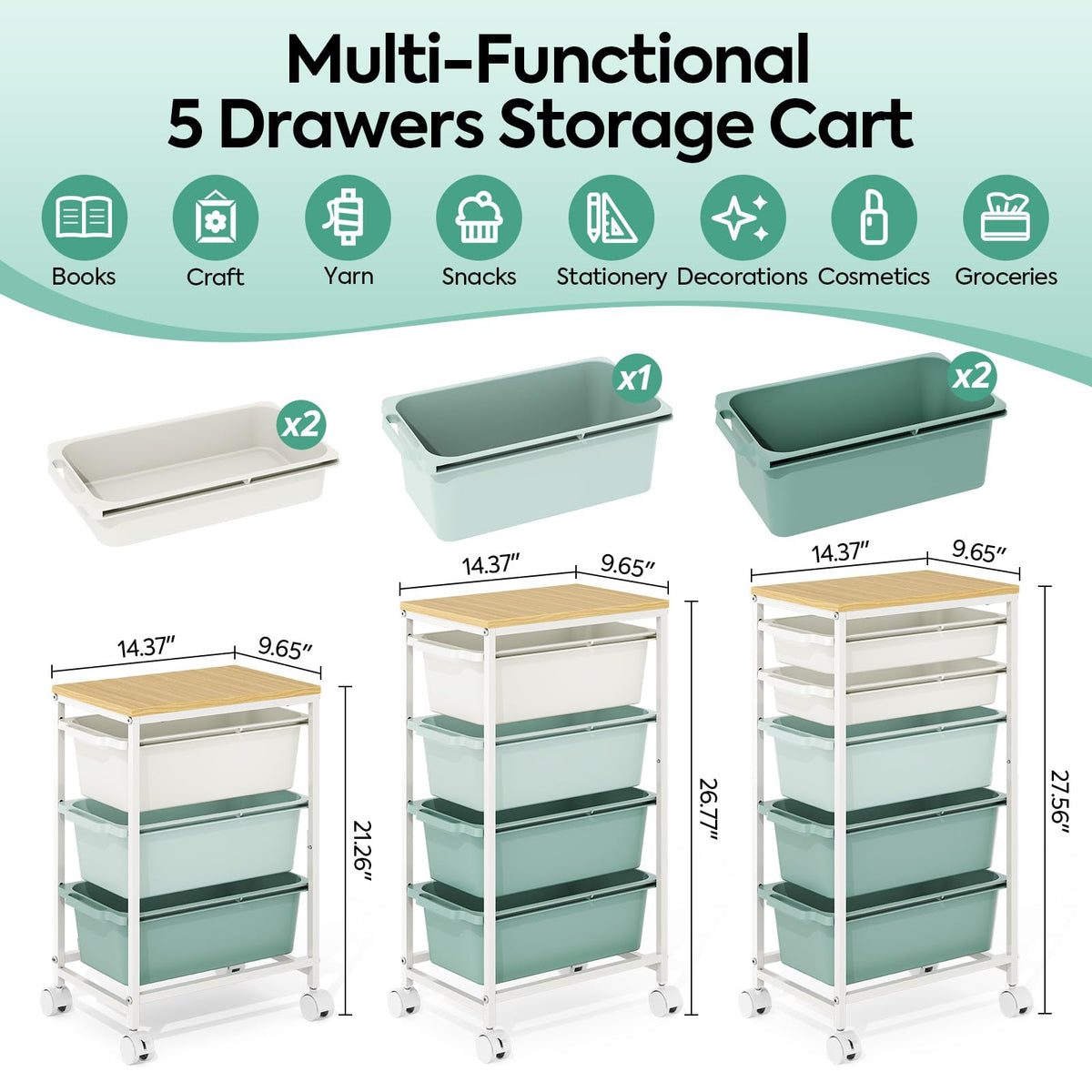 KINGBOARD 5 Drawers Storage Trolley on Wheels, Green