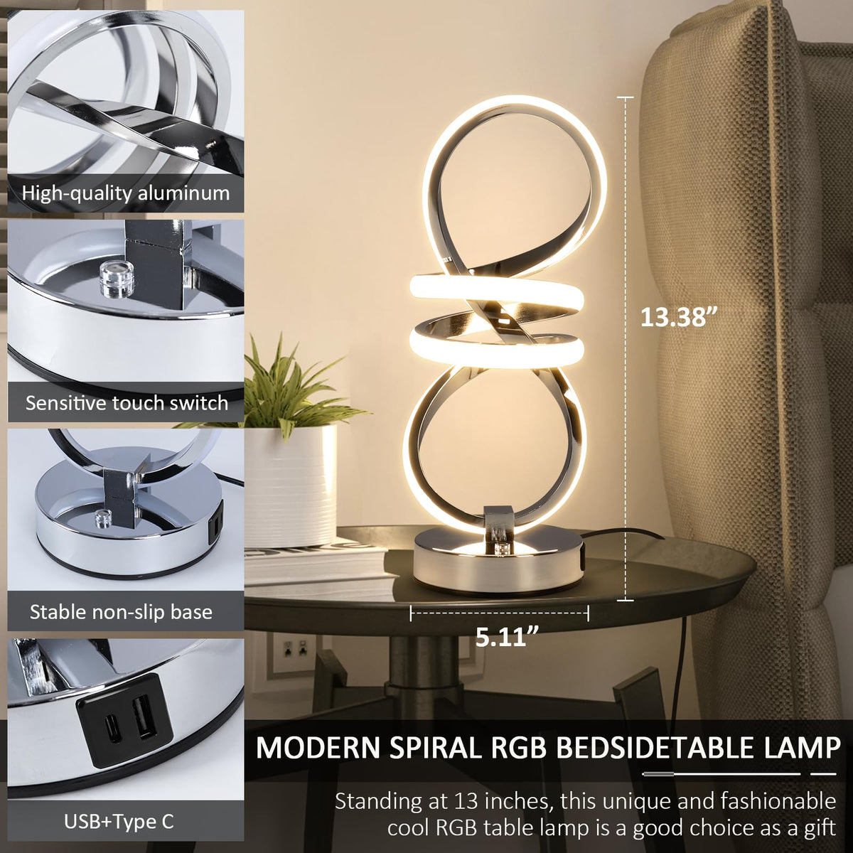 EIDISUNY RGB Bedside Table Lamp,Touch Control Dimmable Lamp with 6 Color Changing and 3 Levels Warm White,LED Modern Nightstand lamp with USB Ports,