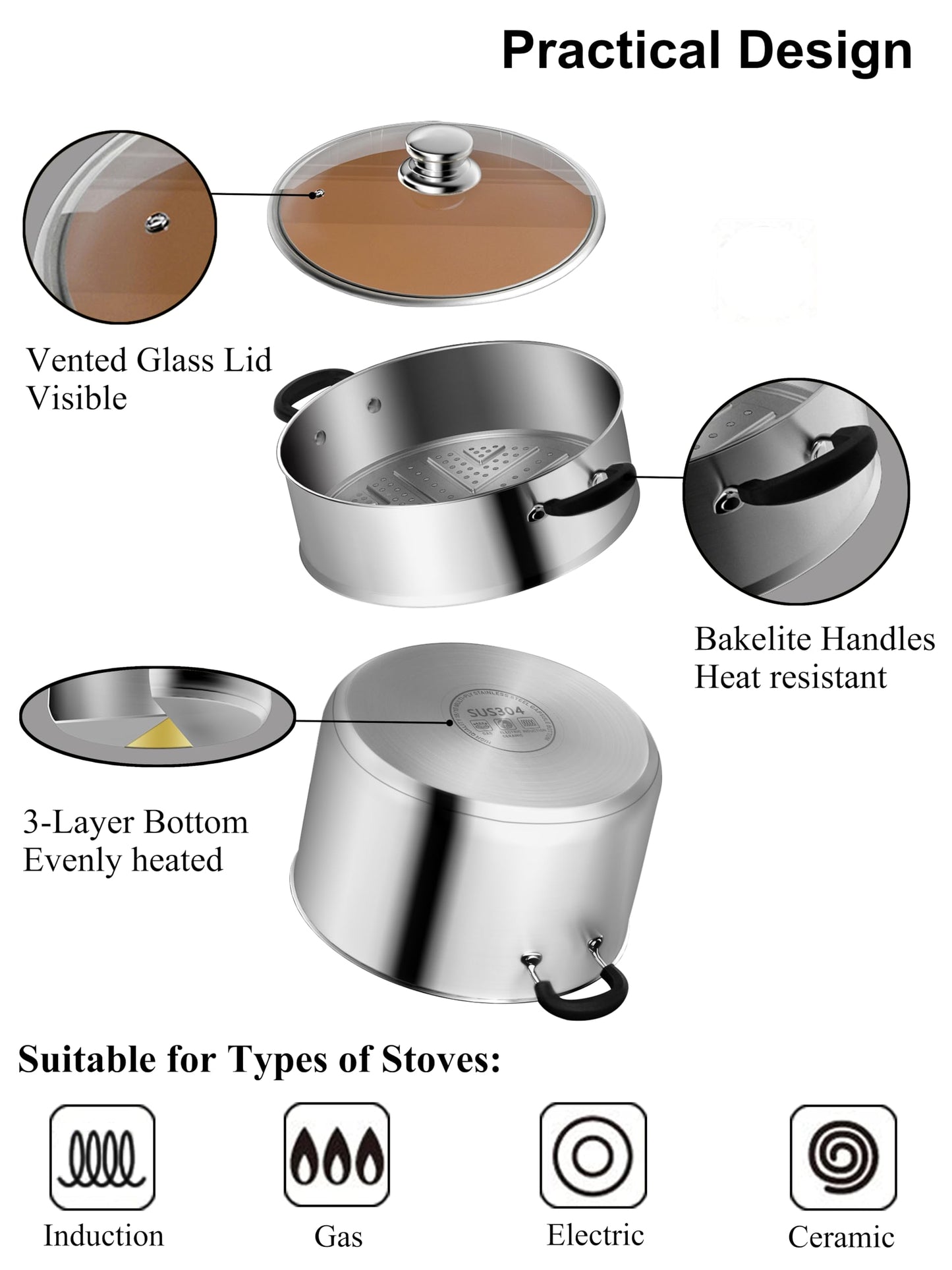 VENTION Steamer Cooking 22cm, Food Steamer Stainless Steel, Induction Steamer Saucepan, 3.6 l