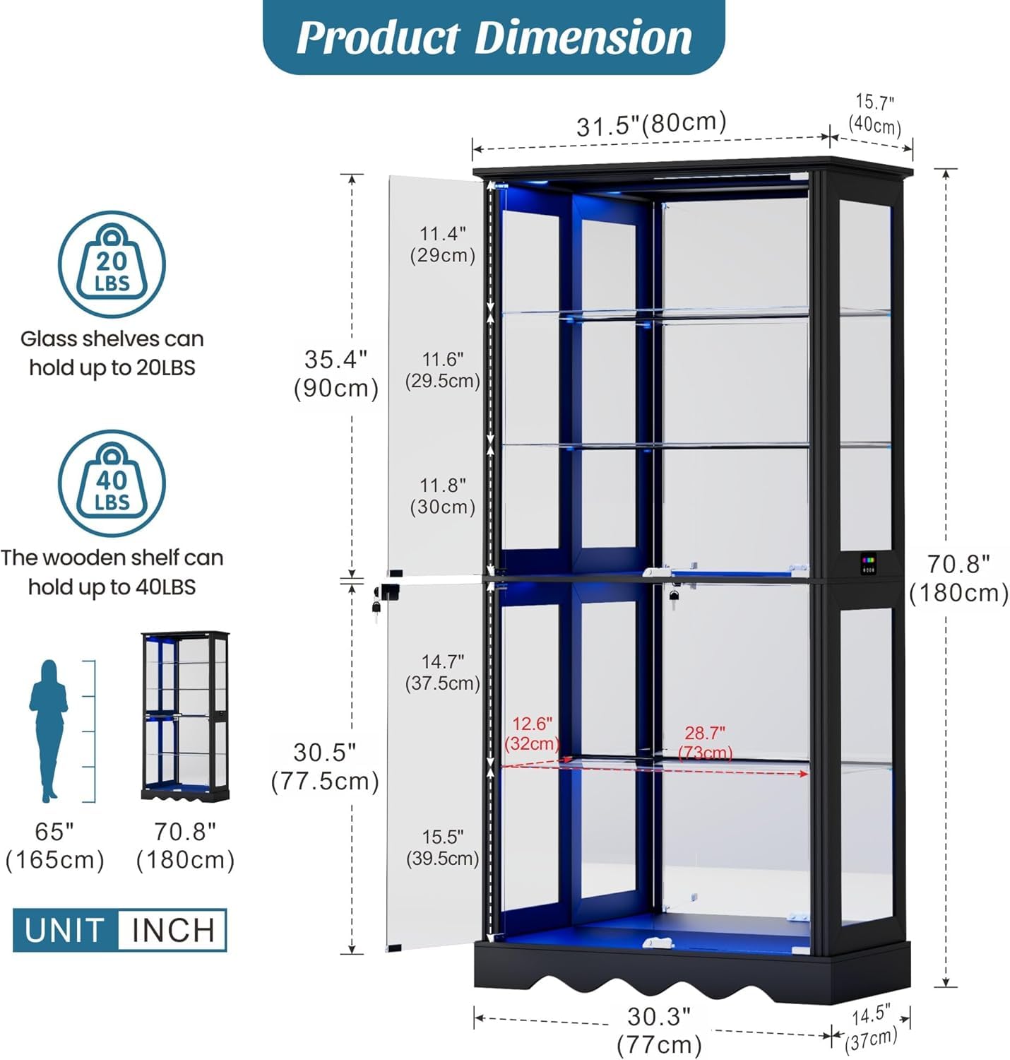 FREDEES Glass Display Cabinet with Lock and RGB Lights, 5-Tier, Black
