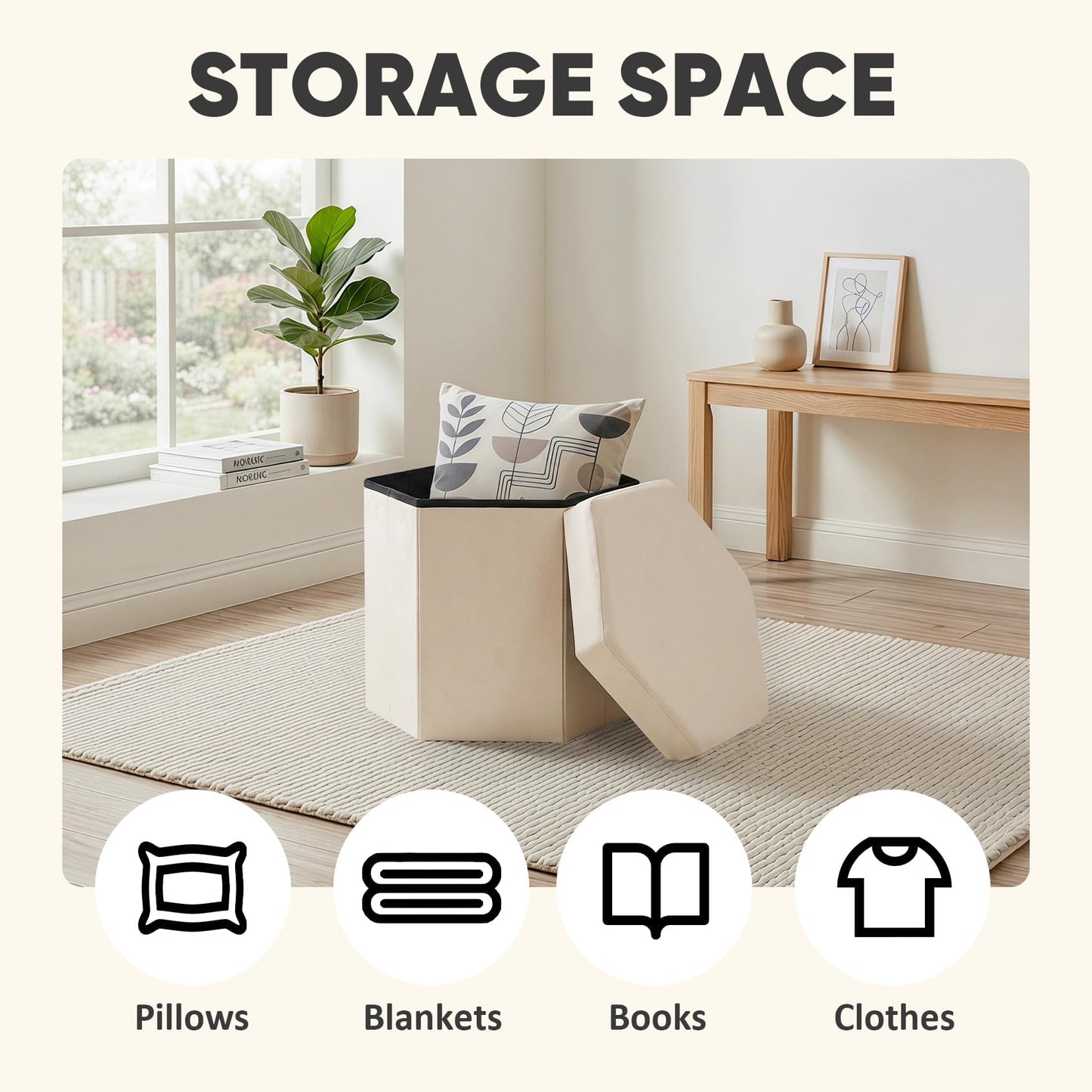 PINPLUS Hexagonal Storage Ottoman, Velvet Foldable Footstool, Cream White