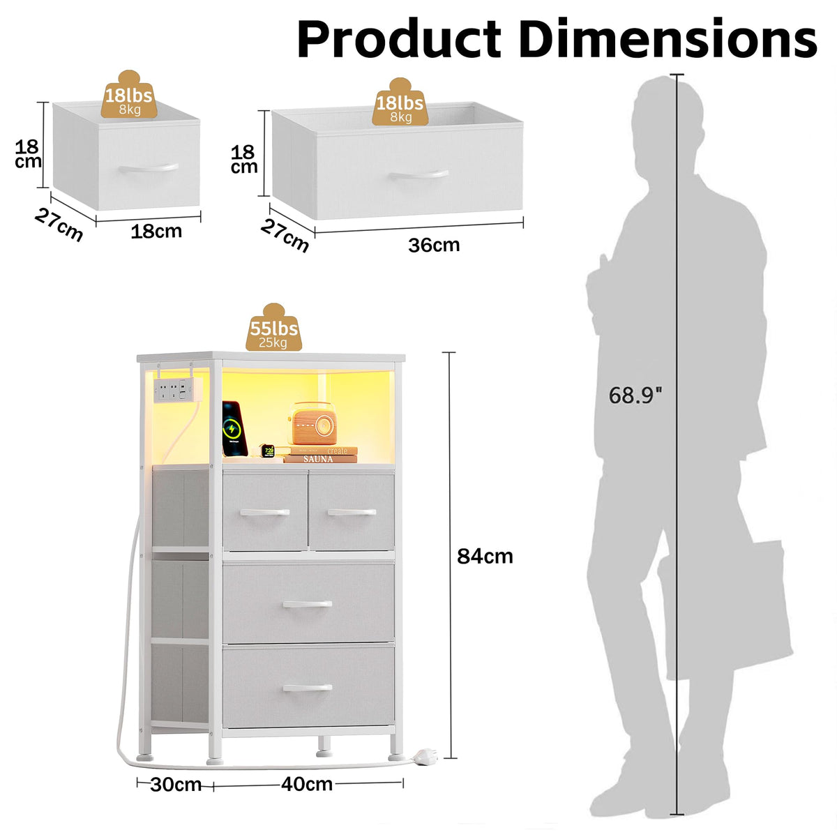 Flrrtenv Bedside Table with Charging Station, 4 Drawers Bedside Cabinet for Bedroom, LED Nightstand with Storage Shelf