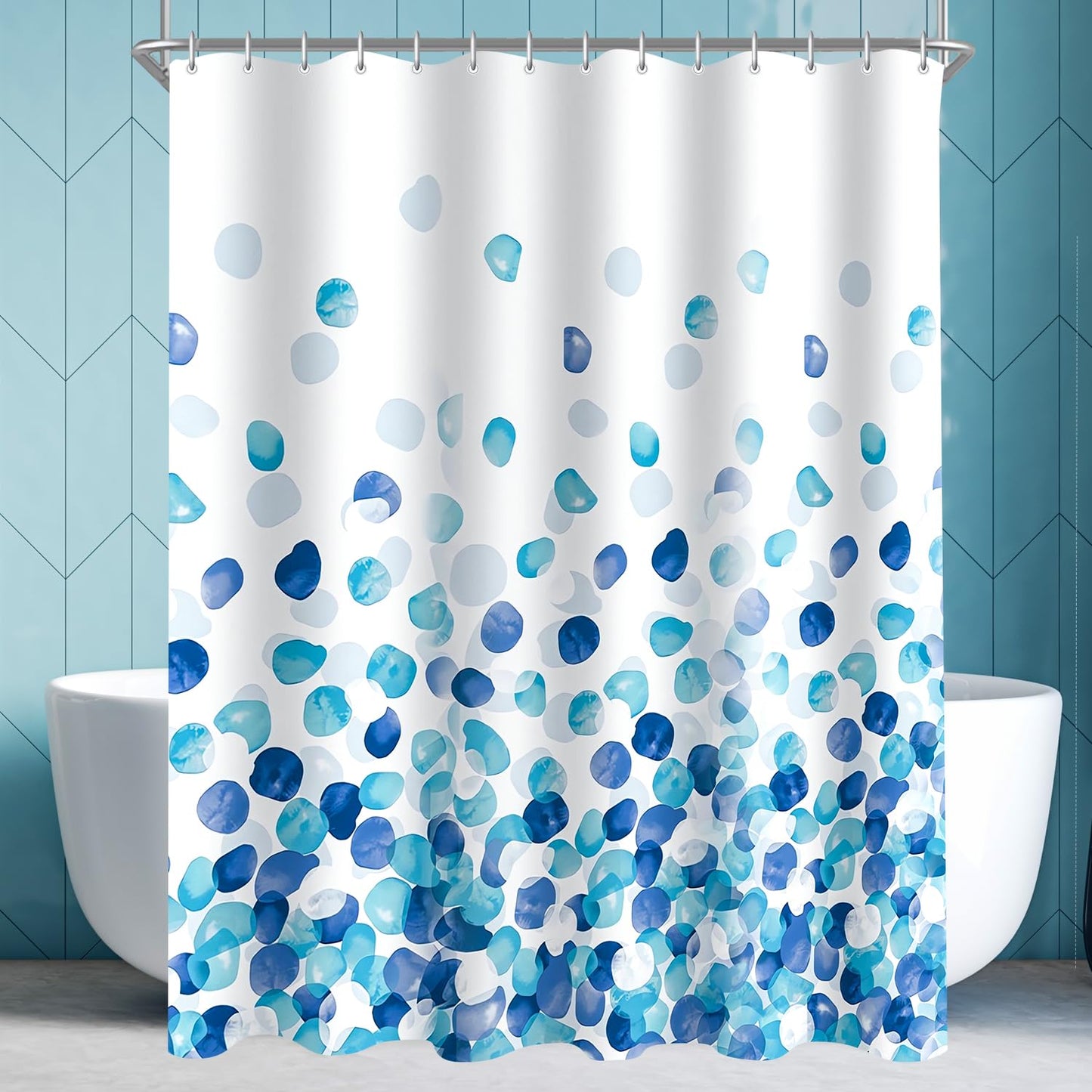 Lerores Shower Curtain, 180 x 200 cm, Blue Petals, Weighted Hem, Anti-Mould Textile, Water-Repellent
