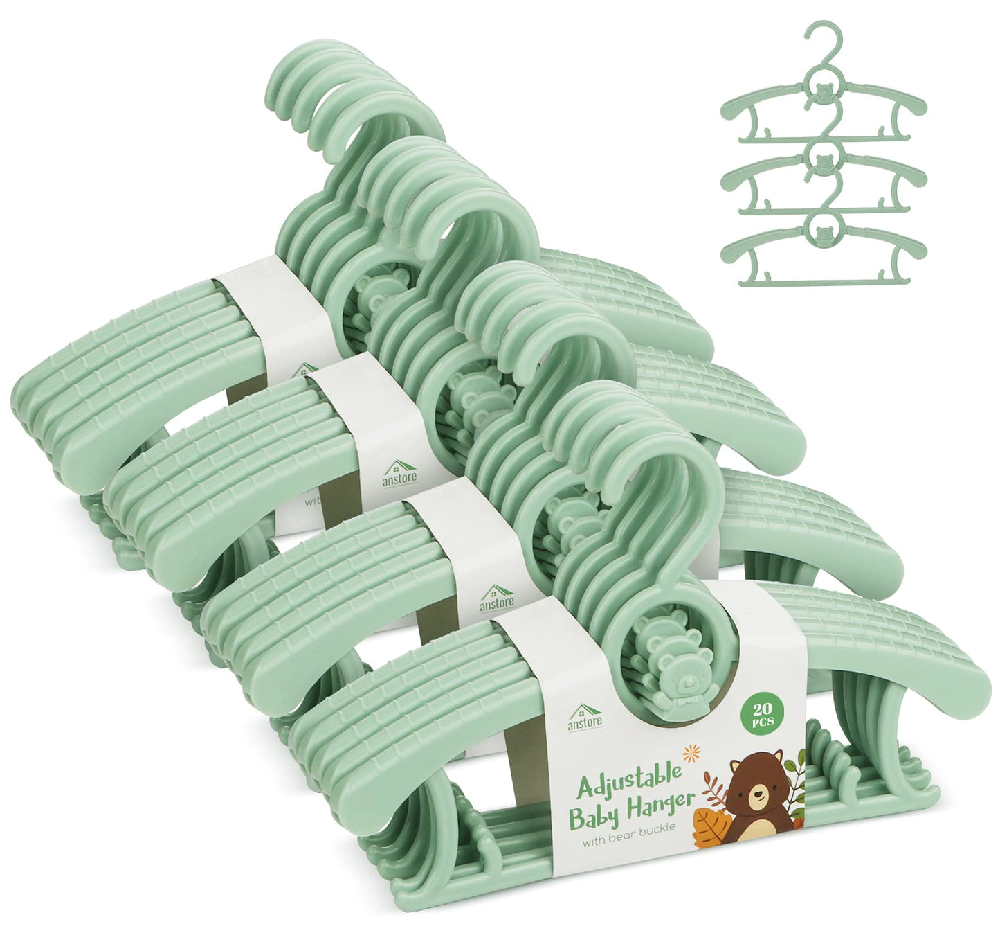 Anstore Children's Clothes Hangers, Pack of 20, Growing Children's Clothes Hangers, Space-Saving with Stackable Bear Hooks