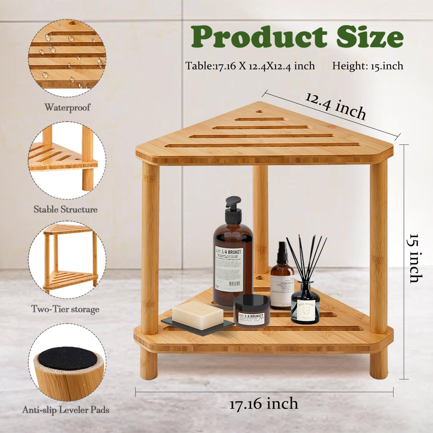 Bamboo Corner Shower Stool,2-Tier Waterproof Shower Stool for Inside Shower Shaving Leg,Small Spaces,Shower Foot Rest with Storage Shelf,Shower