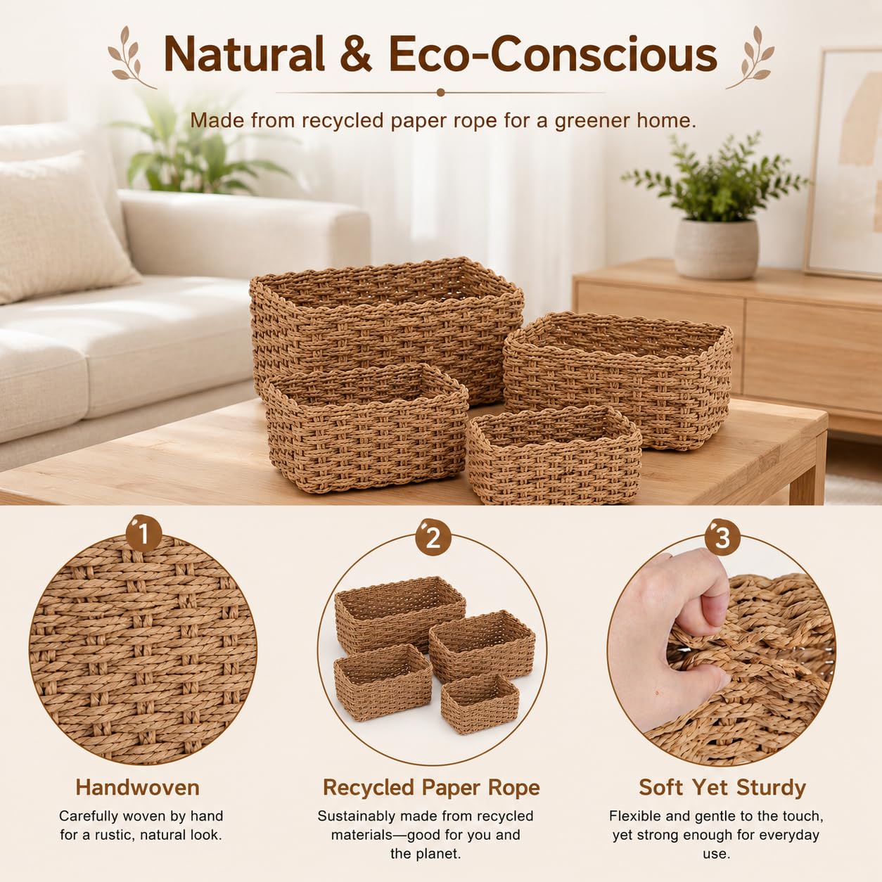 Purecas Woven Storage Baskets 4-Piece Set Stackable (4 Sizes Brown)