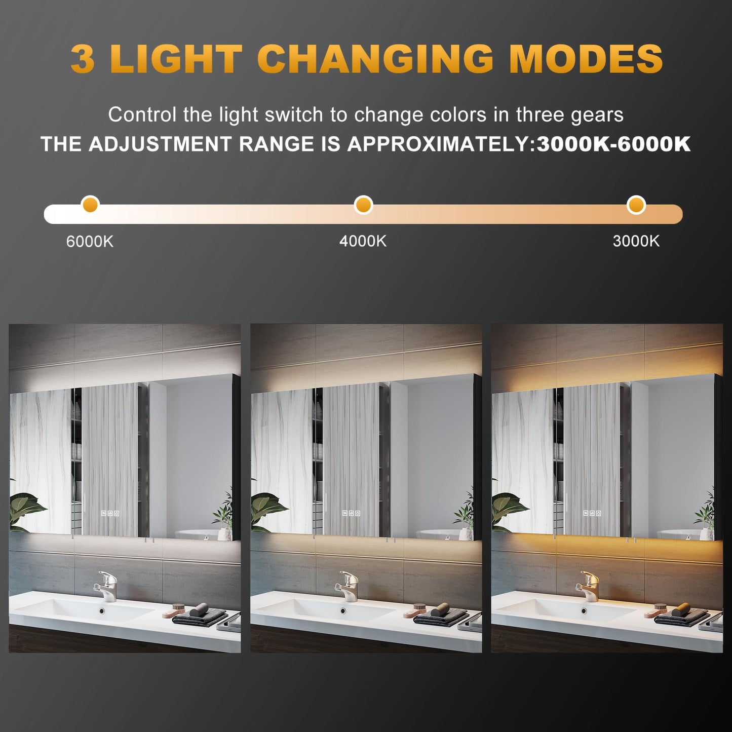 ELEGANT LED Bathroom Cabinet with Shaver Socket Triple Door Wall Mounted Black Bathroom Mirror Cabinets with Three-color Infinitely Dimmable and
