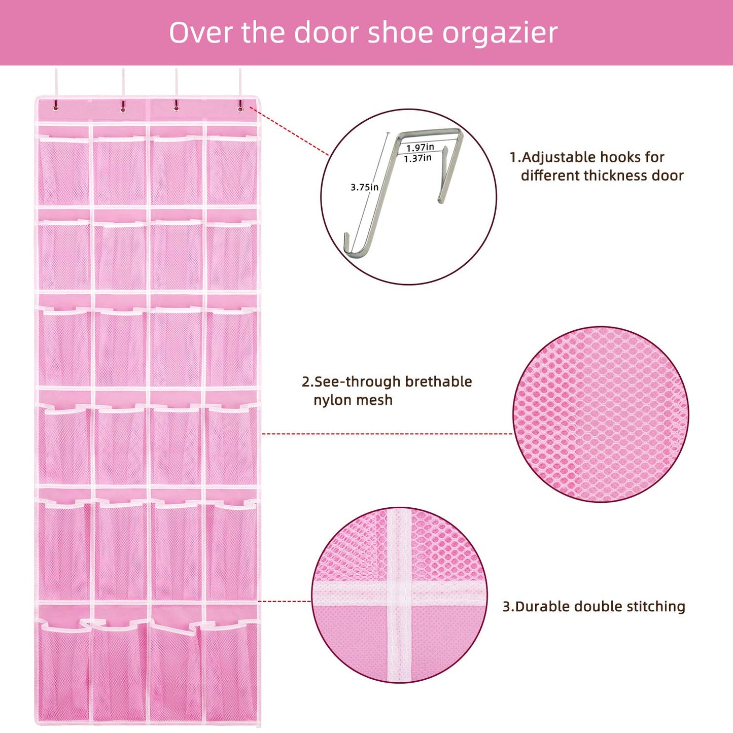 SAVERHO Hanging Shoe Organizer, Over The Door Shoe Organizer with 24 Breathable Mesh Pockets for Men Women Kids Hanging Shoe Storage Rack Organizer