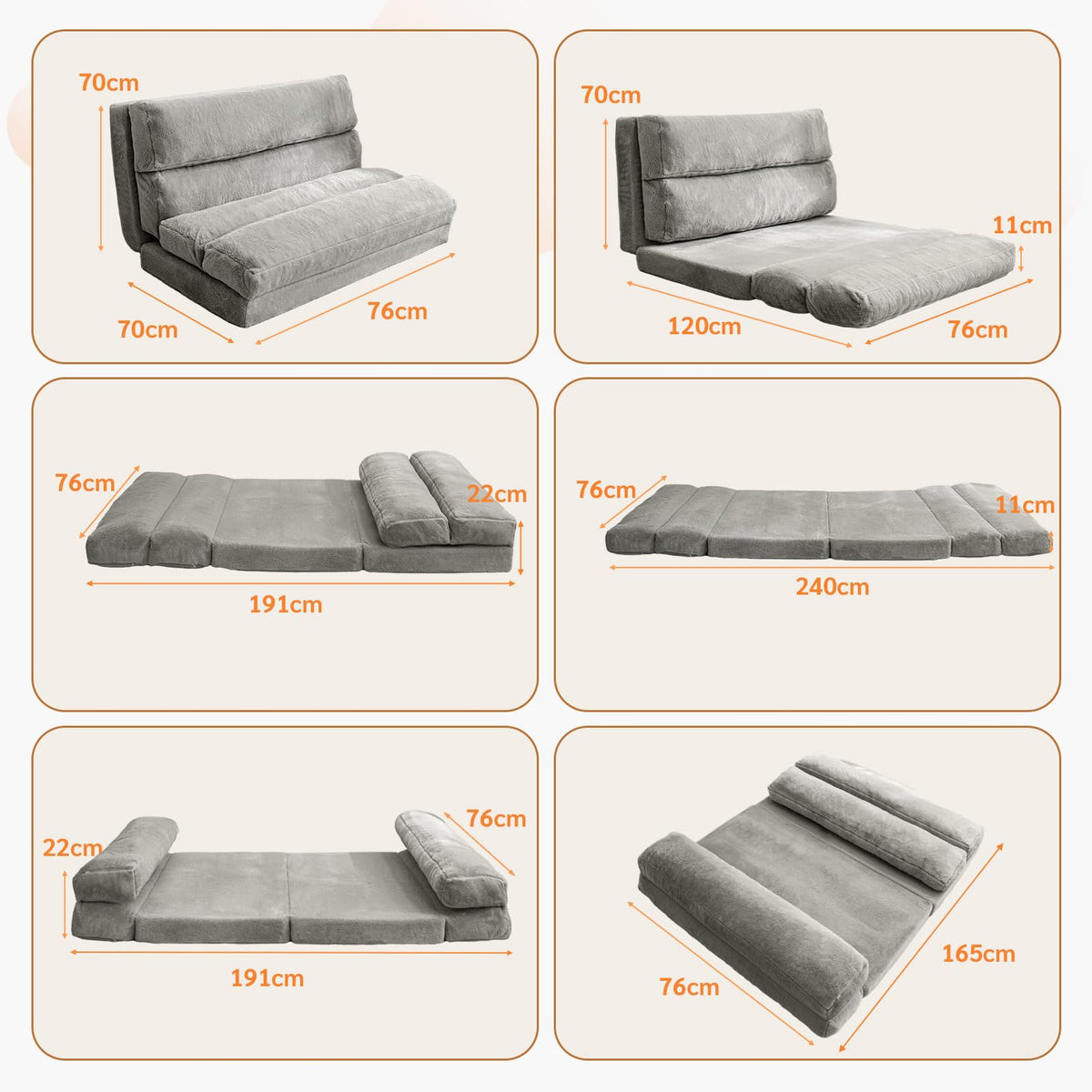 MAXYOYO Bean Bag Bed Folding Faux Fur Fabric Sofa Chair Foam Filling Extra Thick 6 Fold Floor Couch Matress for Adults