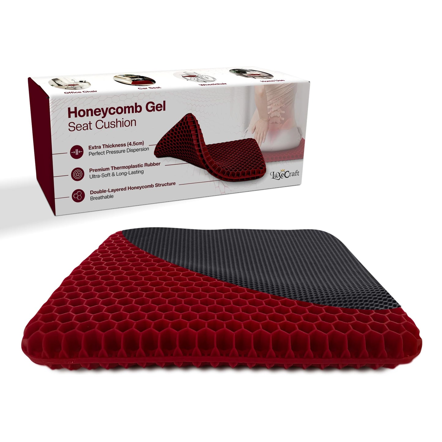 LuxeCraft Honeycomb Gel Seat Cushion – 4.5 cm Thick Gel Comfort Cushion for Pain Relief & Support | 2 Zippered Covers
