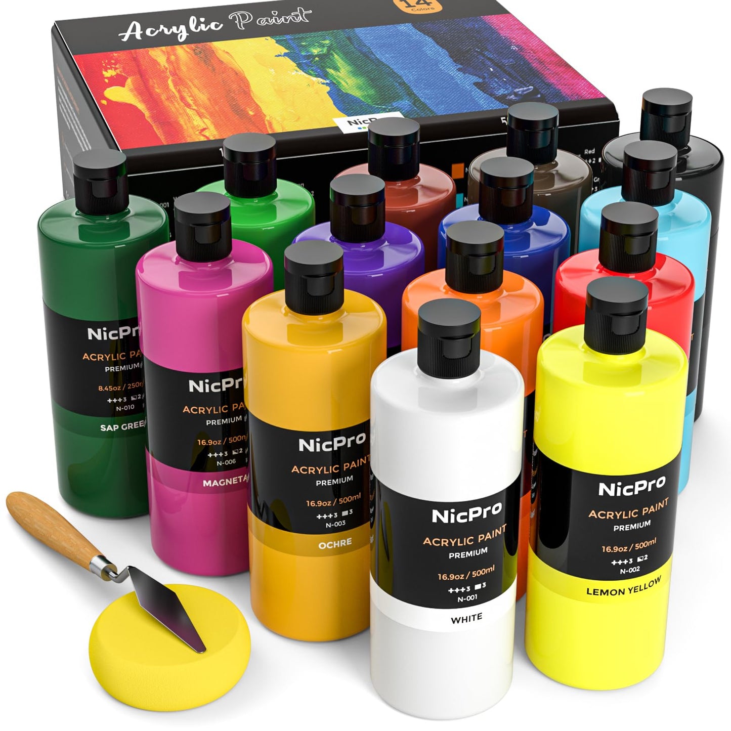 Nicpro 14 Colors Large Bulk Acrylic Paint Set (16.9 oz,500 ml) Rich Art Painting Supplies, Non Toxic for Multi Surface Canvas Wood Leather Fabric