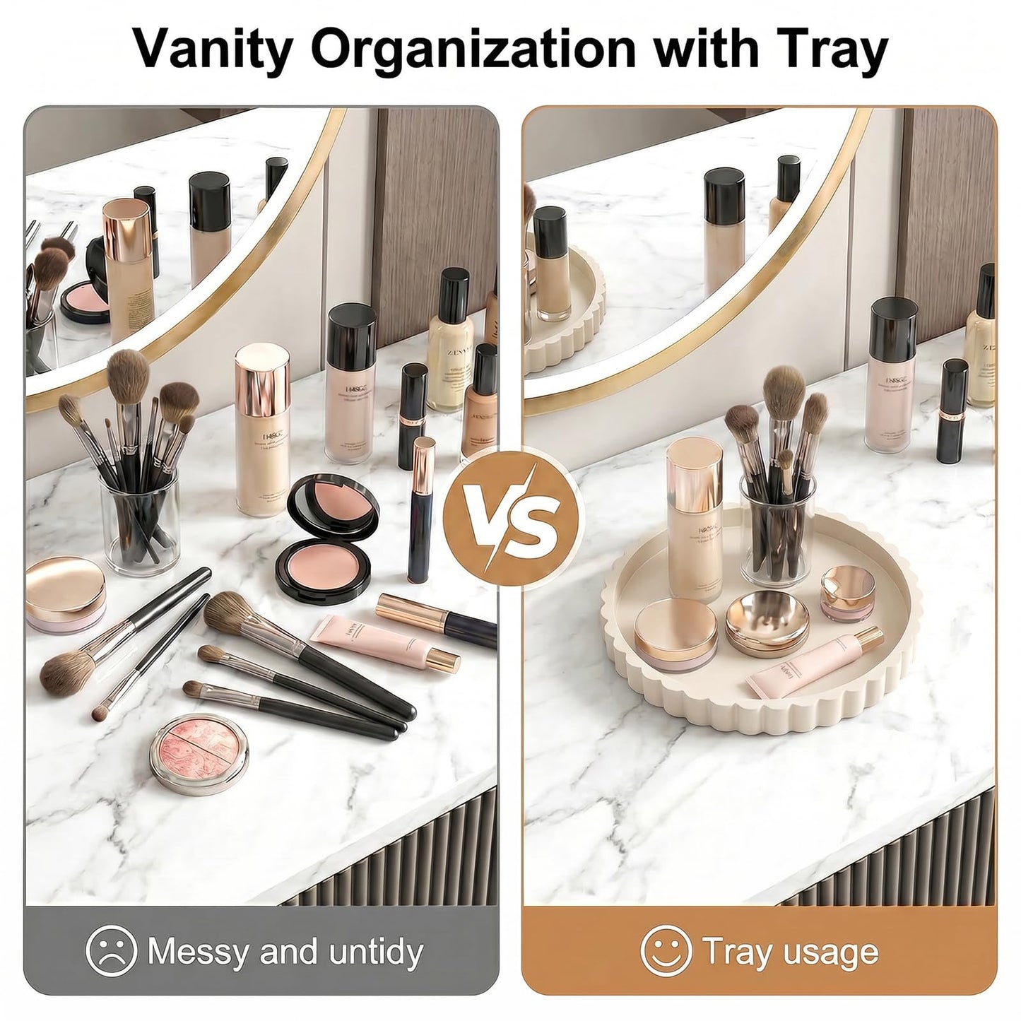 Silicone Bathroom Vanity Tray for Counter, 23×23 cm Decorative Tray Round with Scalloped Edge Vanity Storage Organizer