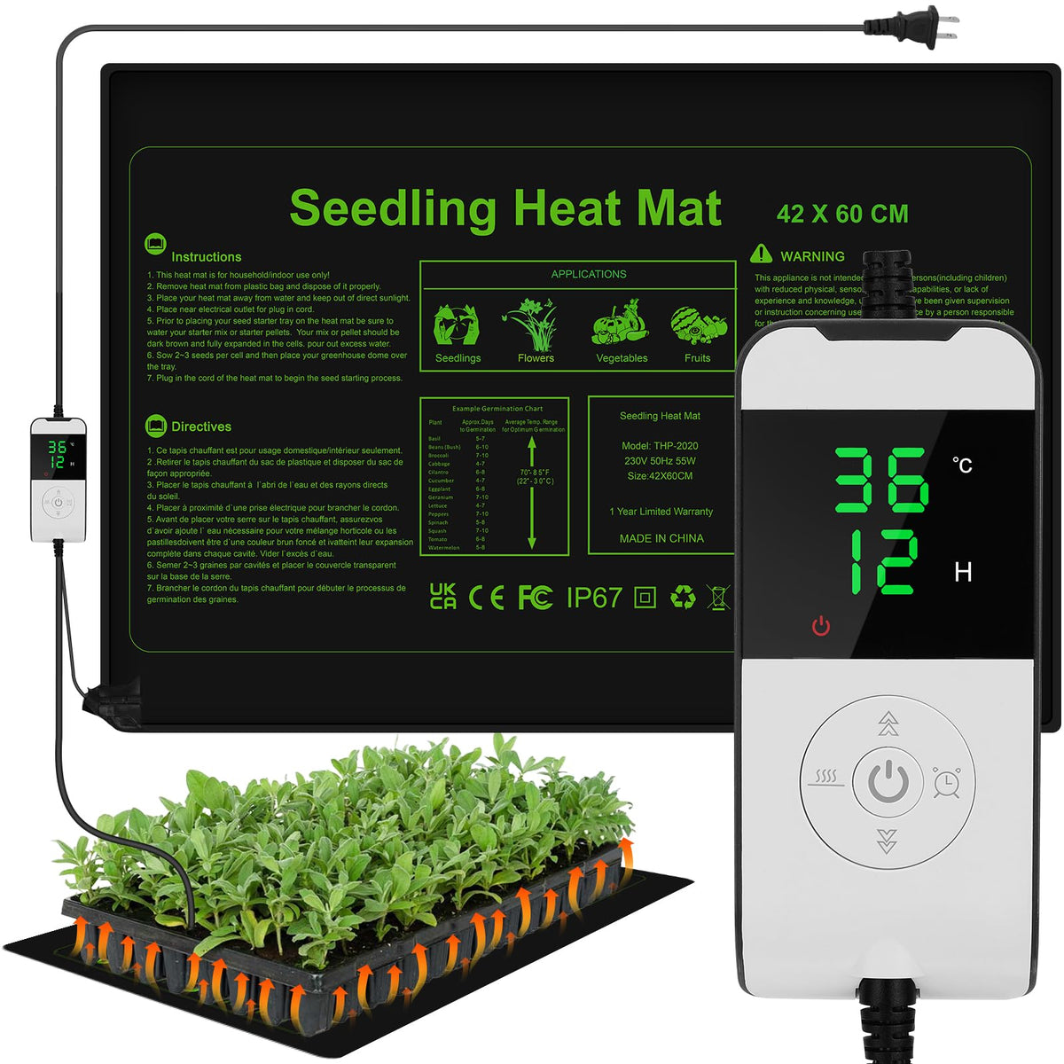 WADEO Heat Mat for Plants 54 X 27 cm, 30W Seedling Heat Mat with Thermostat 5 to 45?C, Waterproof & Durable Plant Heat Mat with Timing Function 0-12H,