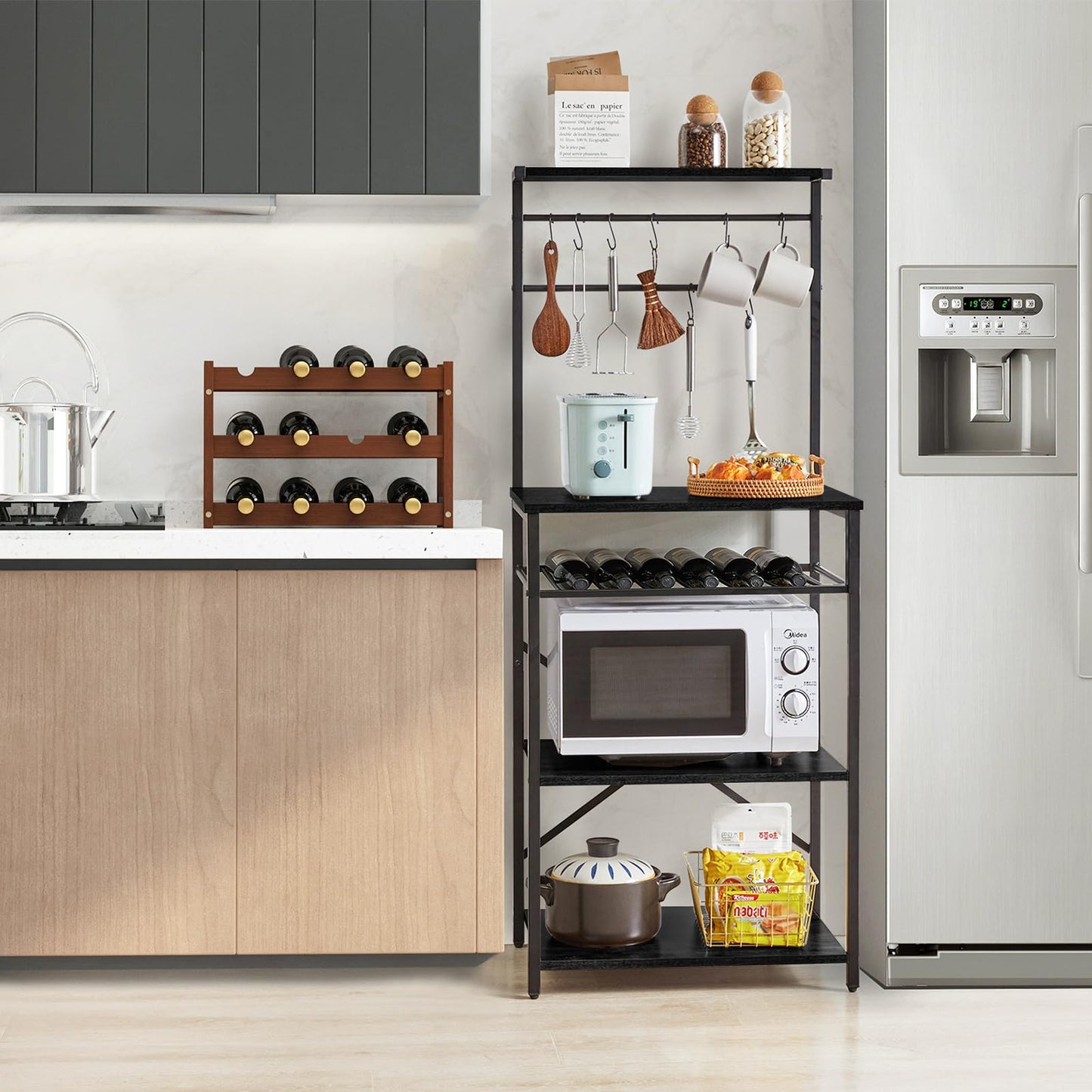 YMYNY Kitchen Baker's Rack, Microwave Oven Stand with Storage Shelves, Industrial Coffee Bar Station, with Adjustable Wine Holders and S-Hooks, Metal