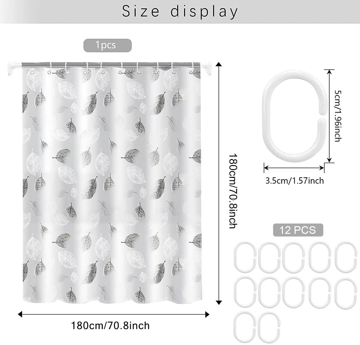 WOODFIB Shower Curtain, 100% PEVA Waterproof Anti-Mould Proof Resistant, Quick-Drying, Washable Bathroom Curtain, Includes 12 Pcs Curtain Hooks