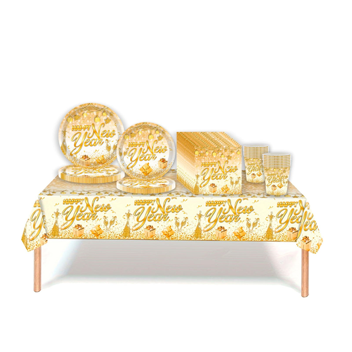 69pcs Happy New Year Eve Party Tableware - Plastic Table Cloth, Plates, Cups, Napkins, White Gold Dinnerware Set for 2025 New Year Eve Decorations