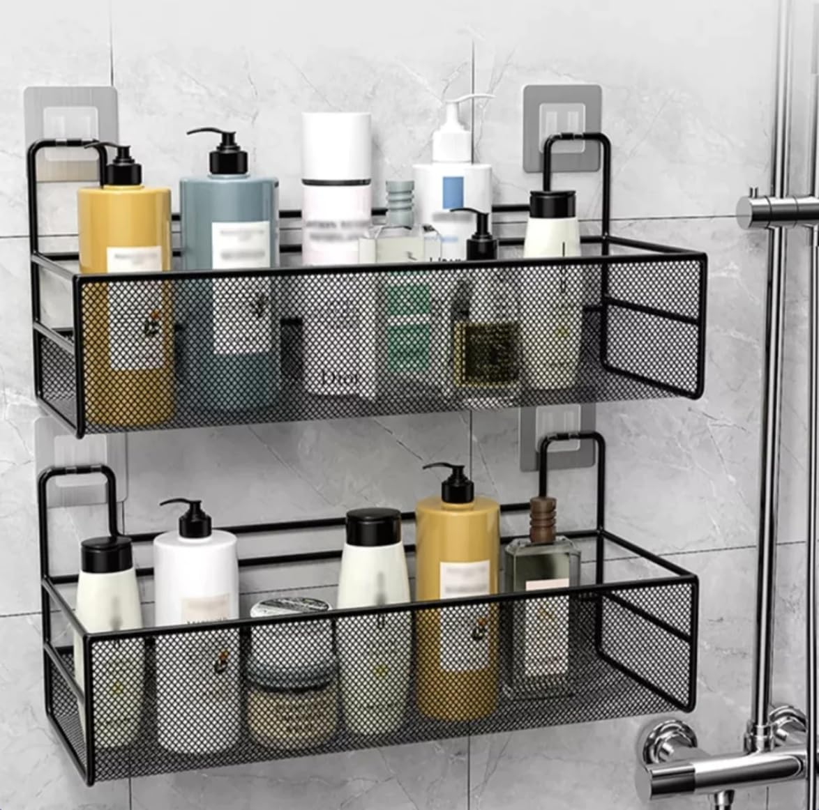 Cupboard Door Storage Baskets, Bathroom Caddy & Organiser. Black Mesh No Drill Shelf, Self-Adhesive Multi-Purpose Wall Mounted Organizer Super Strong