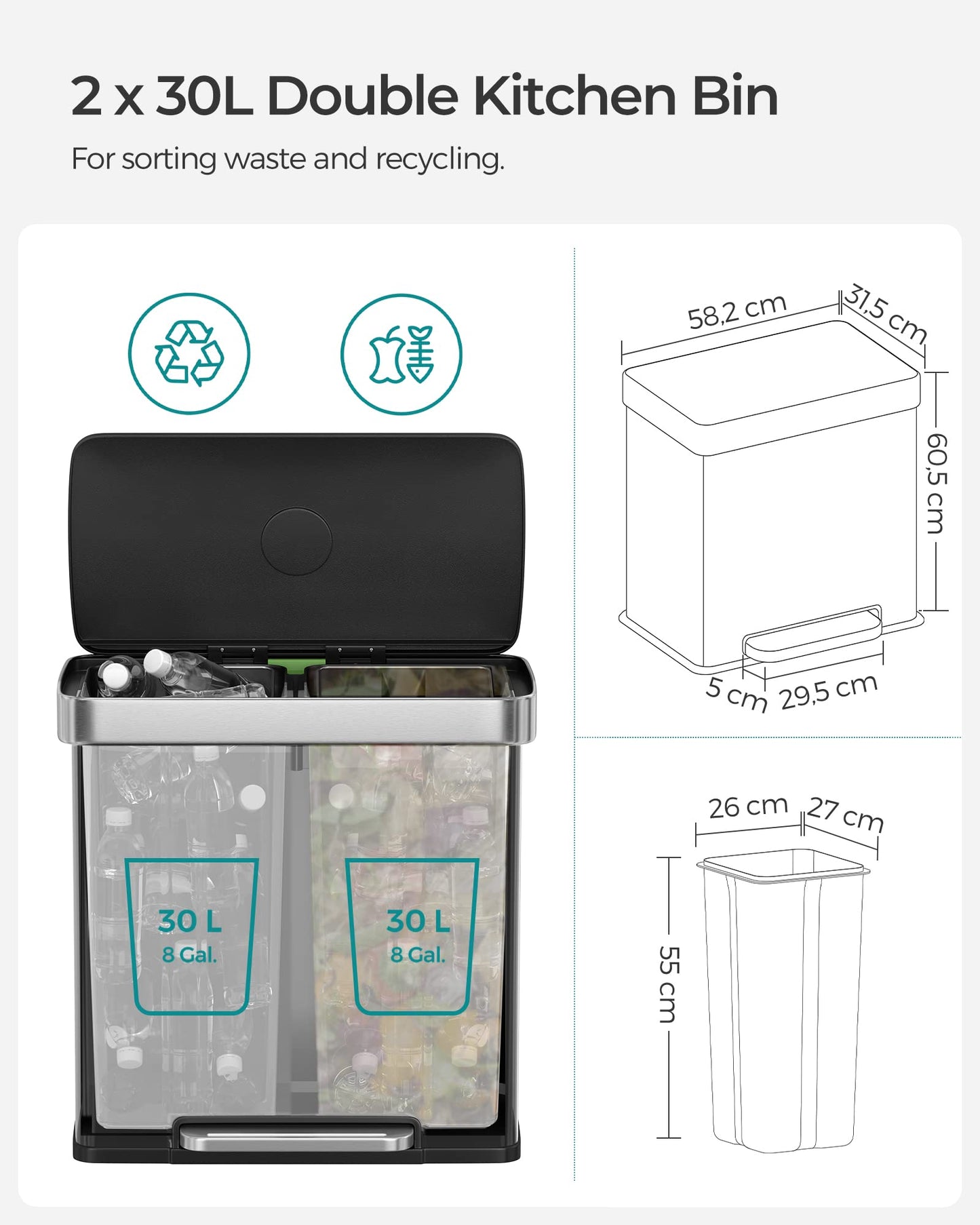 SONGMICS Kitchen Bin, 2 x 30L Stainless Steel Pedal Rubbish Bin with 15 Trash Bags, Recycling and Waste, with Plastic Inner Buckets, Lid, Soft
