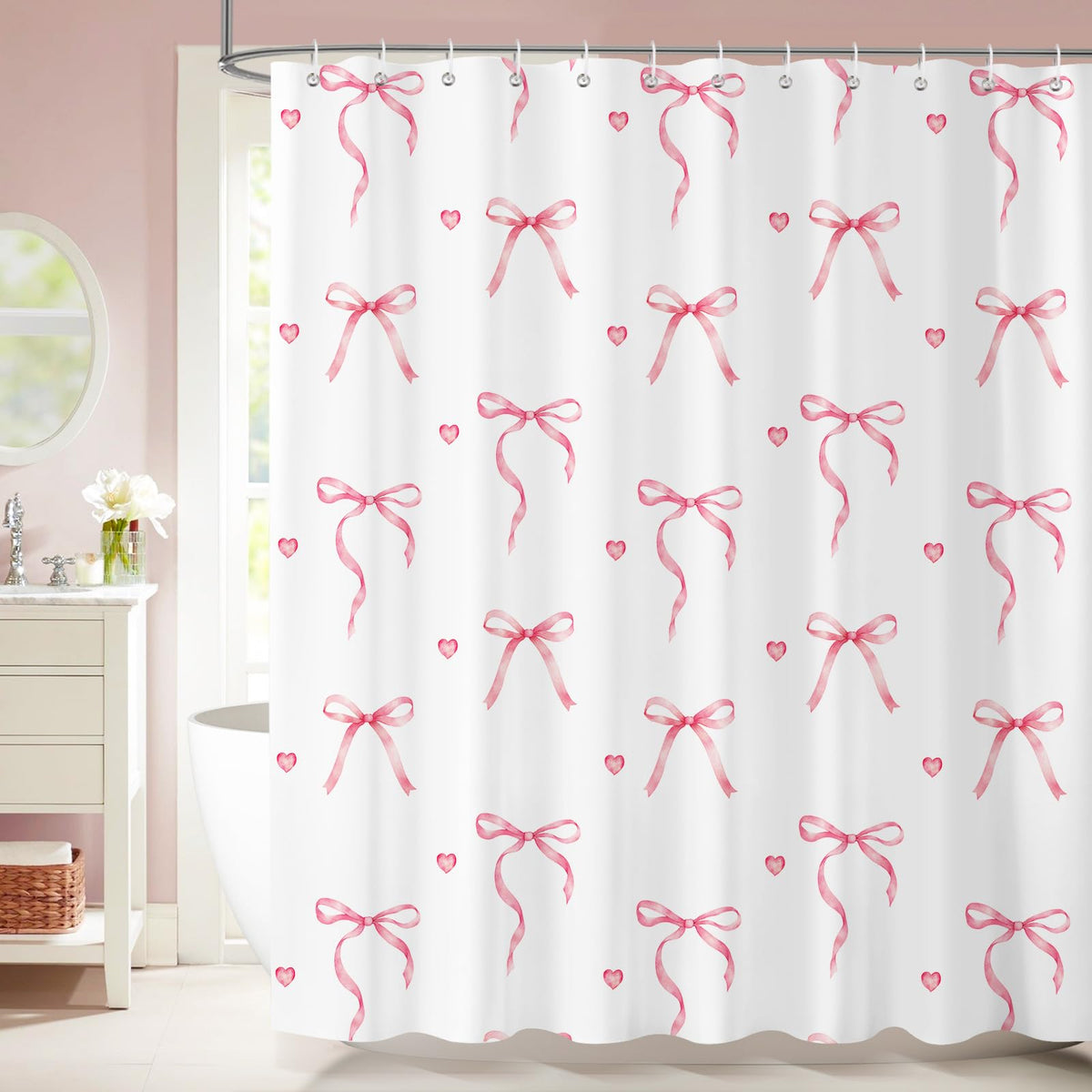 Dazzlewall Pink Bow Shower Curtain 180 x 180 cm, Cute Pink White Girl Bowknot Fancy Shower Curtain for Bathroom, Waterproof Mildew and Mould Resistant