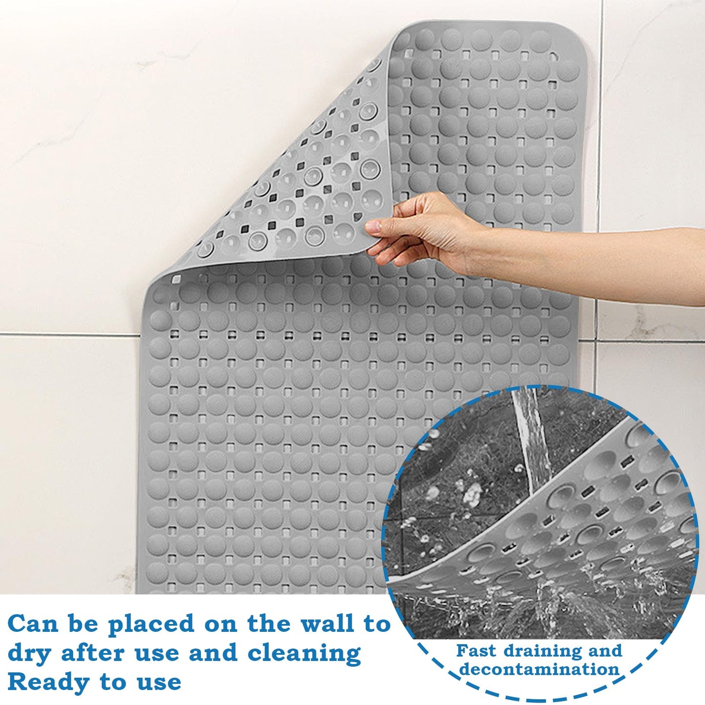 Culinavog Square Shower Mat With Powerful Suction Cups, Bath Mat Non Slip Anti Mould, PVC with Strong Suction Cups Grip and Drain