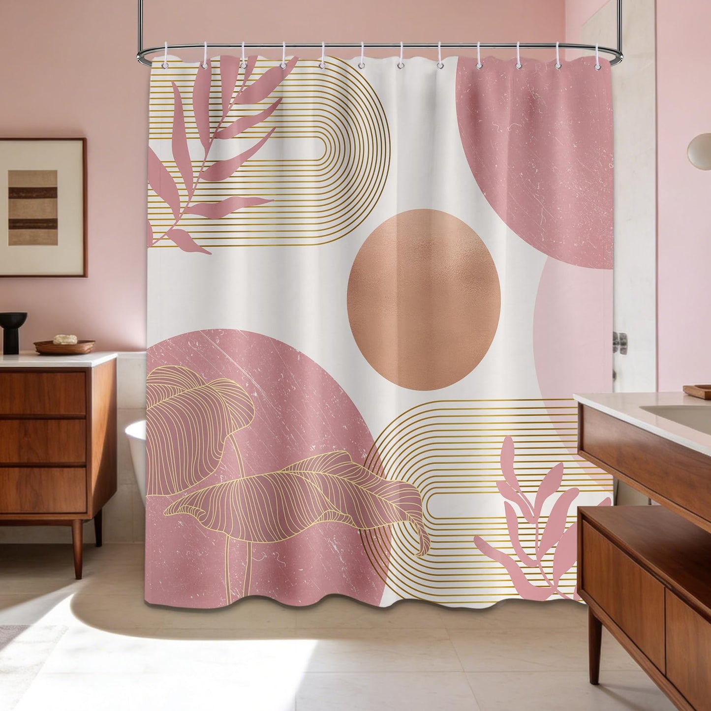 LanZanthic Blush Pink Boho Shower Curtains for Bathroom Light Pink and White Women MCM Wet Room Shower Curtain with hooks, Mould Proof Resistant