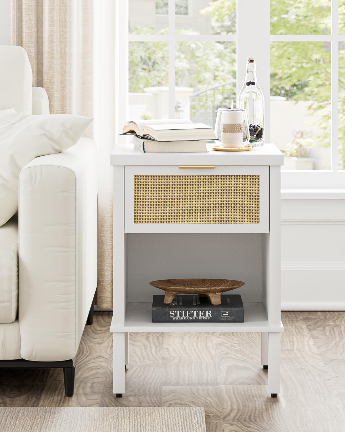 Apetaccat Rattan Bedside Table, Side Table with Open Storage Shelf, White