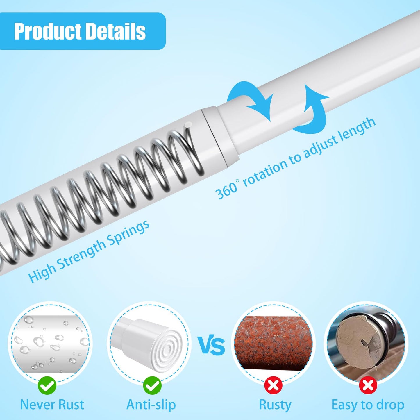 2 Piece Shower Rod Without Drill Stainless Steel Curtain Rod Holder Extendable Curtain Rod
