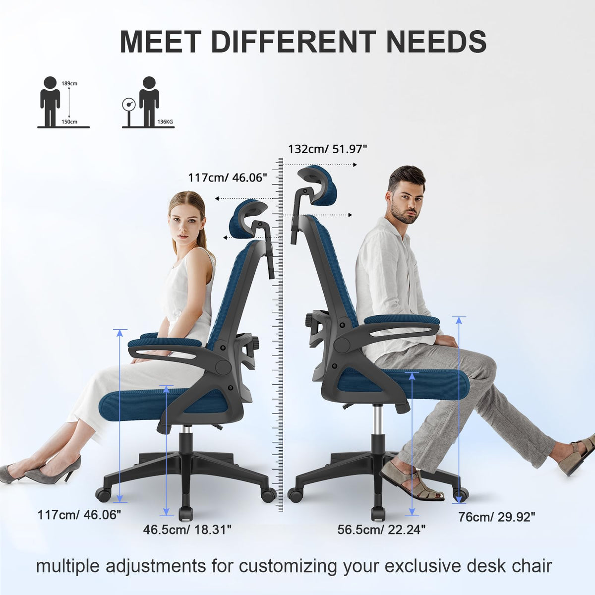 YONISEE Office Chair Ergonomic Office Chair with Lumbar Support, Adjustable Armrests and Headrests, Mesh Chair High Back Comfortable for Home Office