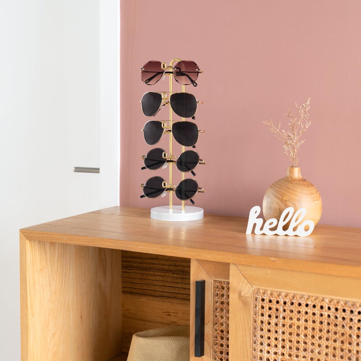 Mkono Sunglasses Organizer Glasses Holder Stand Sunglass Storage Eyeglasses Rack Metal Frame with Wood Base for 5 Pairs of Eyewear Display for Table