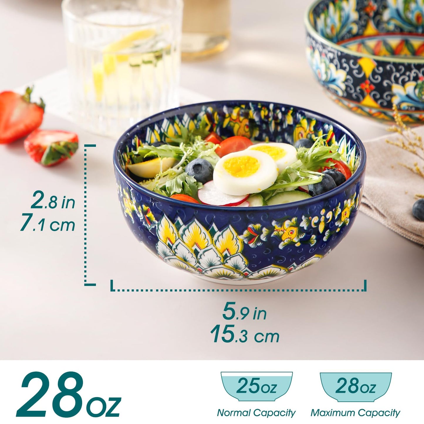 vancasso SIMI 28 oz Cereal Bowls Set of 6, Ceramic Soup Bowls, Dishwasher & Microwave Safe, Serving Bowls with Double-Sided Pattern for Cereal, Soup,