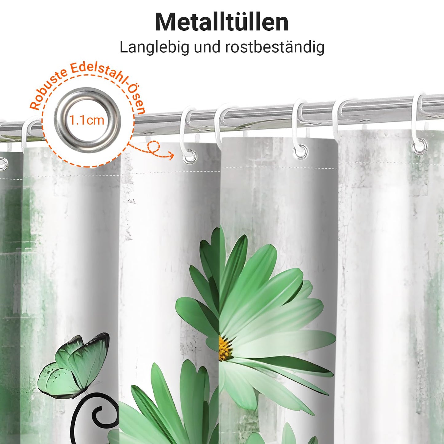 Shower Curtain, 180 x 200 cm, Green Daisies Butterflies Motif, Weighted Hem, Anti-Mould, Water-Repellent