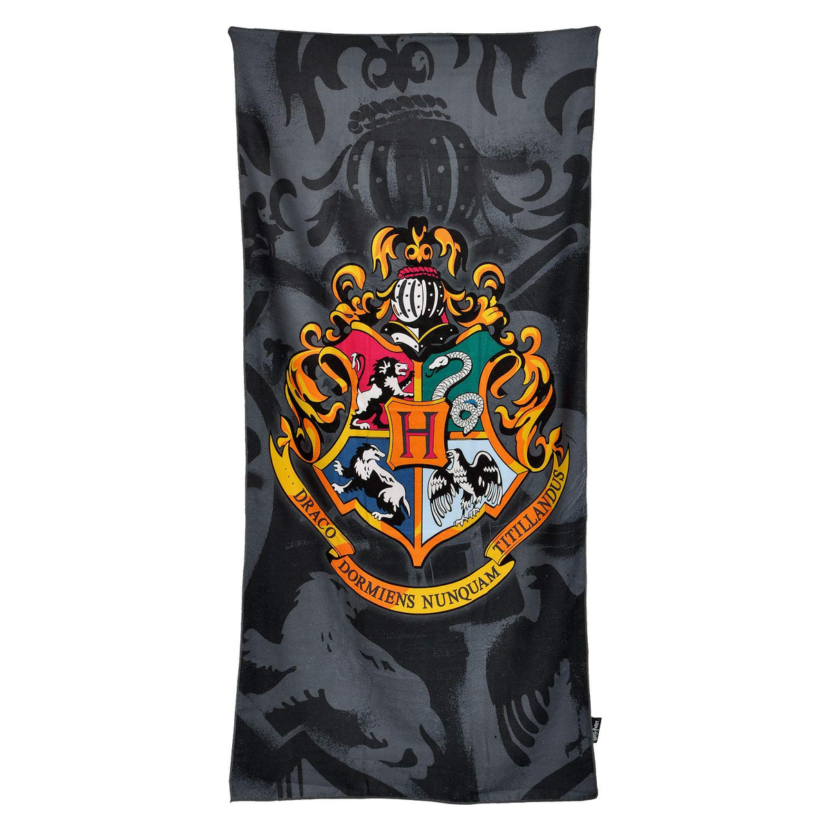 Elbenwald Harry Potter Beach Towel with Hogwarts Houses Coat of Arms Motif 90x180cm Gray