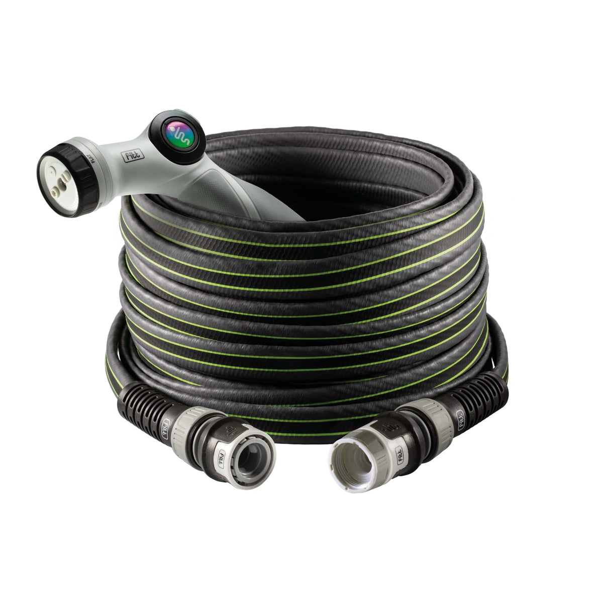 FITT Force 5/8" 25m, Garden Water Hose for Irrigation, Compact, Light and Resistant for Intensive use, with Multi-Jet Gun, Grey with Green Stripes