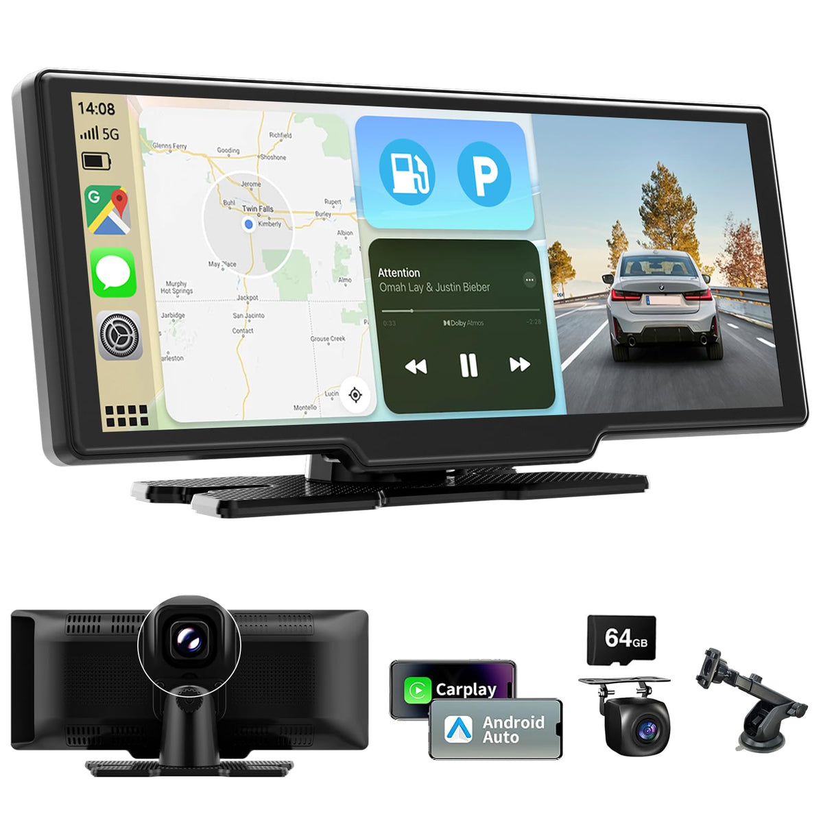 Wireless Car Stereo for Apple CarPlay and Android Auto, 10.26 Inch Touch Screen Car Radio with 4K Dashcam Front and Rear Camera 1080P