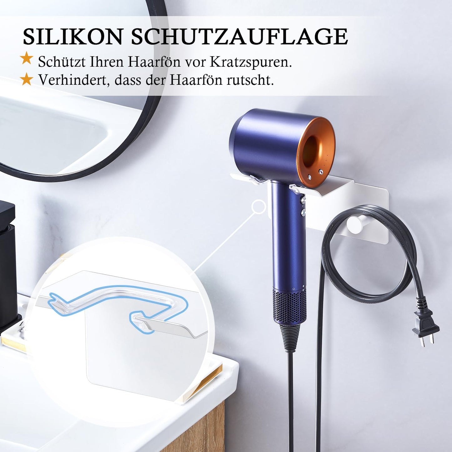 Hair Dryer Holder Wall Mount, Hairdryer Holder for Bathroom, Stainless Steel Blow Dryer Rack Adhesive Hairdryer Organizer Station with Cable Storage