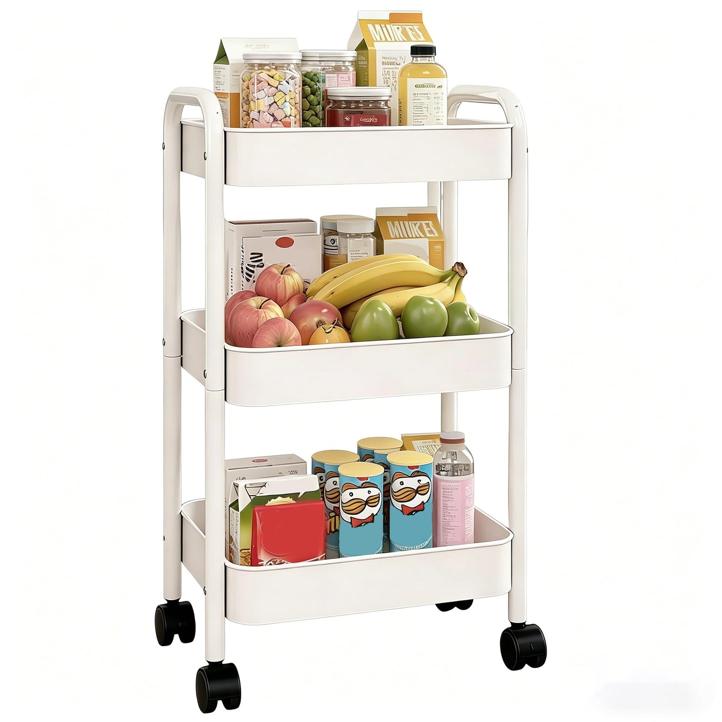 Storage Trolley 3-Tier on Wheels, Metal Plastic Rolling Cart with Handle – Slim Mobile Utility Organiser for Kitchen, Bathroom, Office, Narrow Spaces