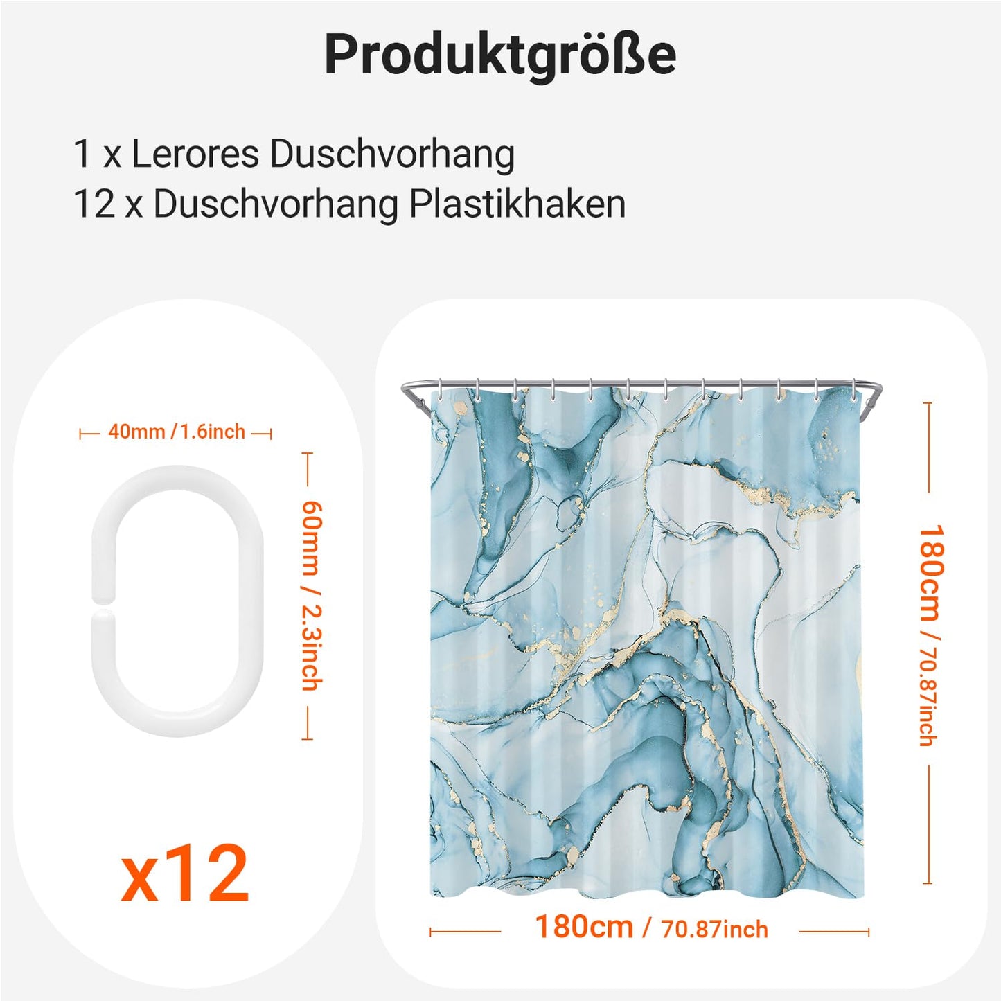 Lerores Shower Curtain, 180 x 180 cm, Light Blue Marble, Weighted Hem, Anti-Mould, Water-Repellent