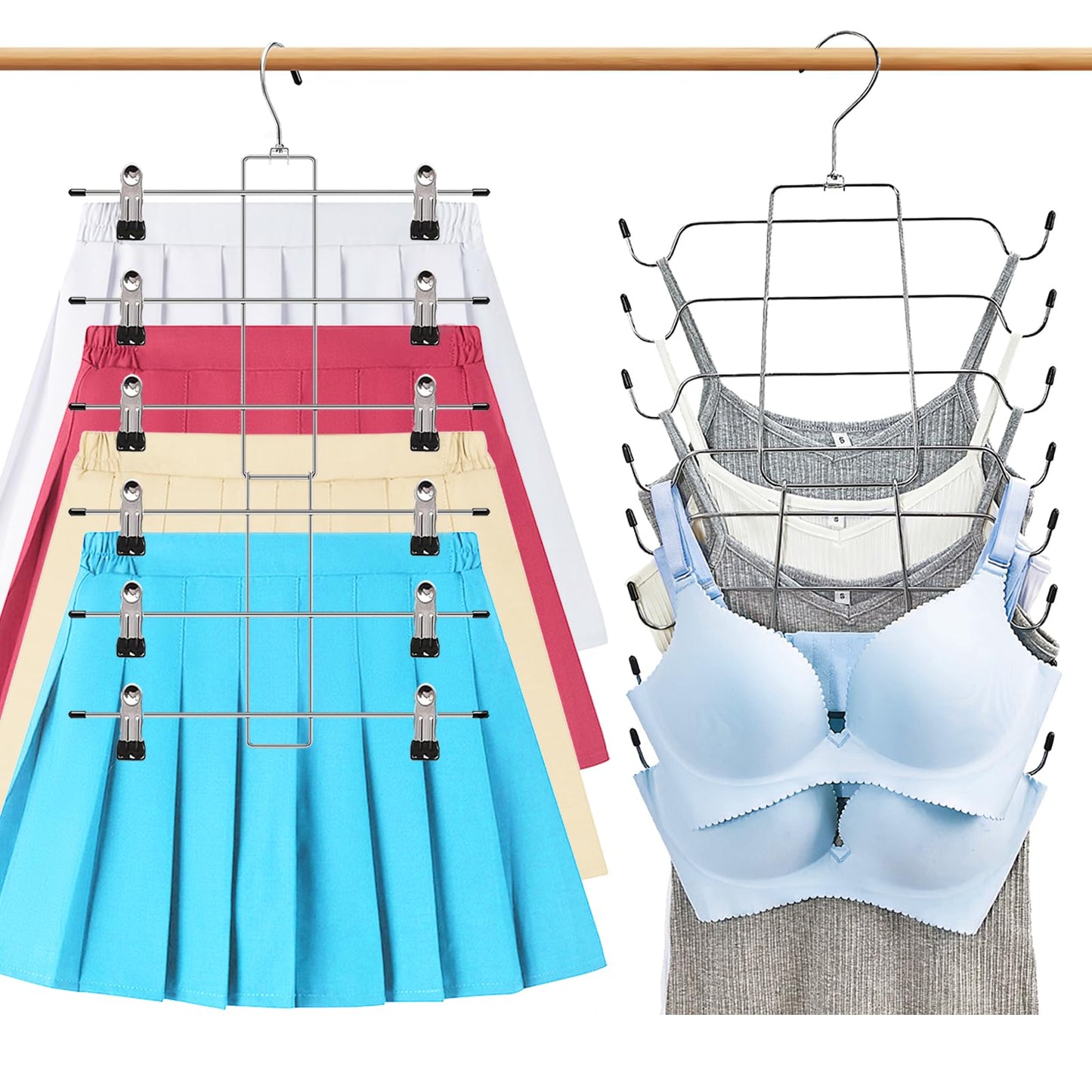 2 Pcs Closet Organizer, 8 Tier Tank Top Hanger and 6 Tier Skirt Hangers with Clips for Women, Bra Tie Jeans Pants and Storage Space Saving
