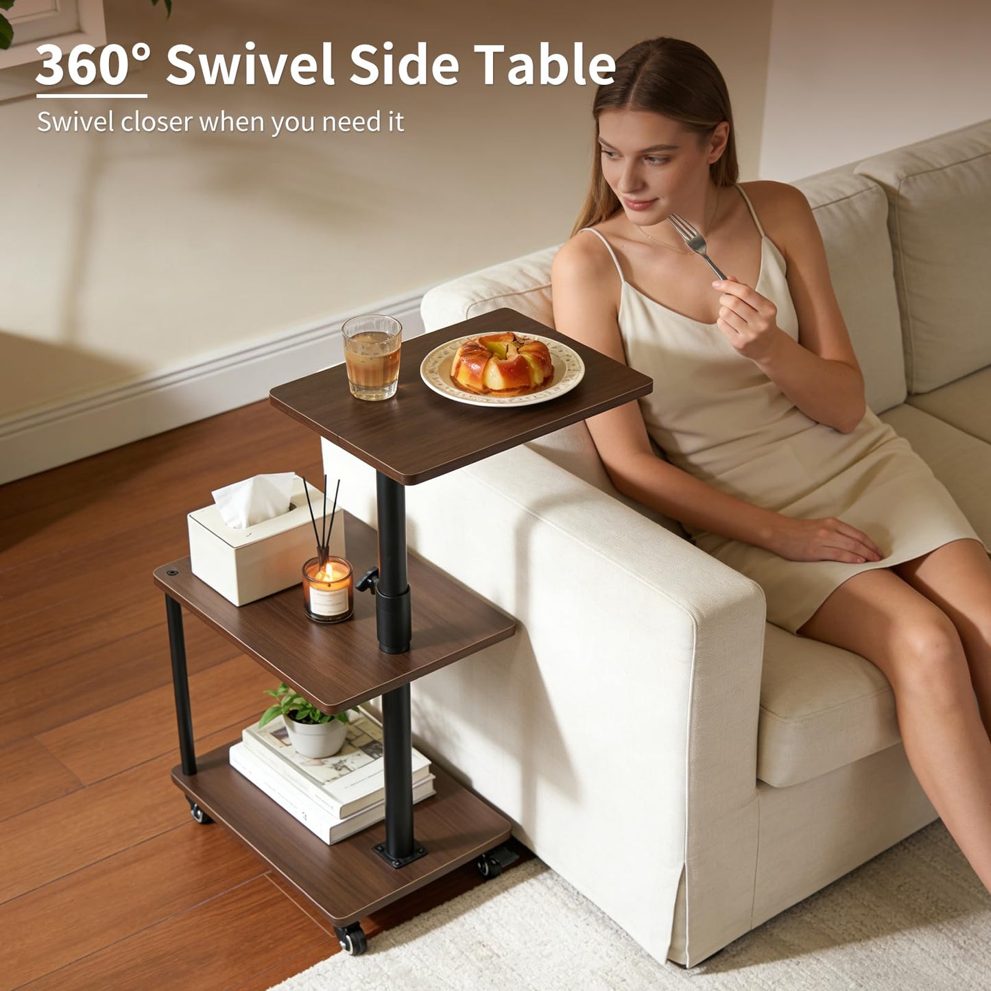Bingyouth Side Table with Wheels, Adjustable Sofa Table with 360° Swivel Top, 3 Tier Small End Table for Living Room and Bedroom