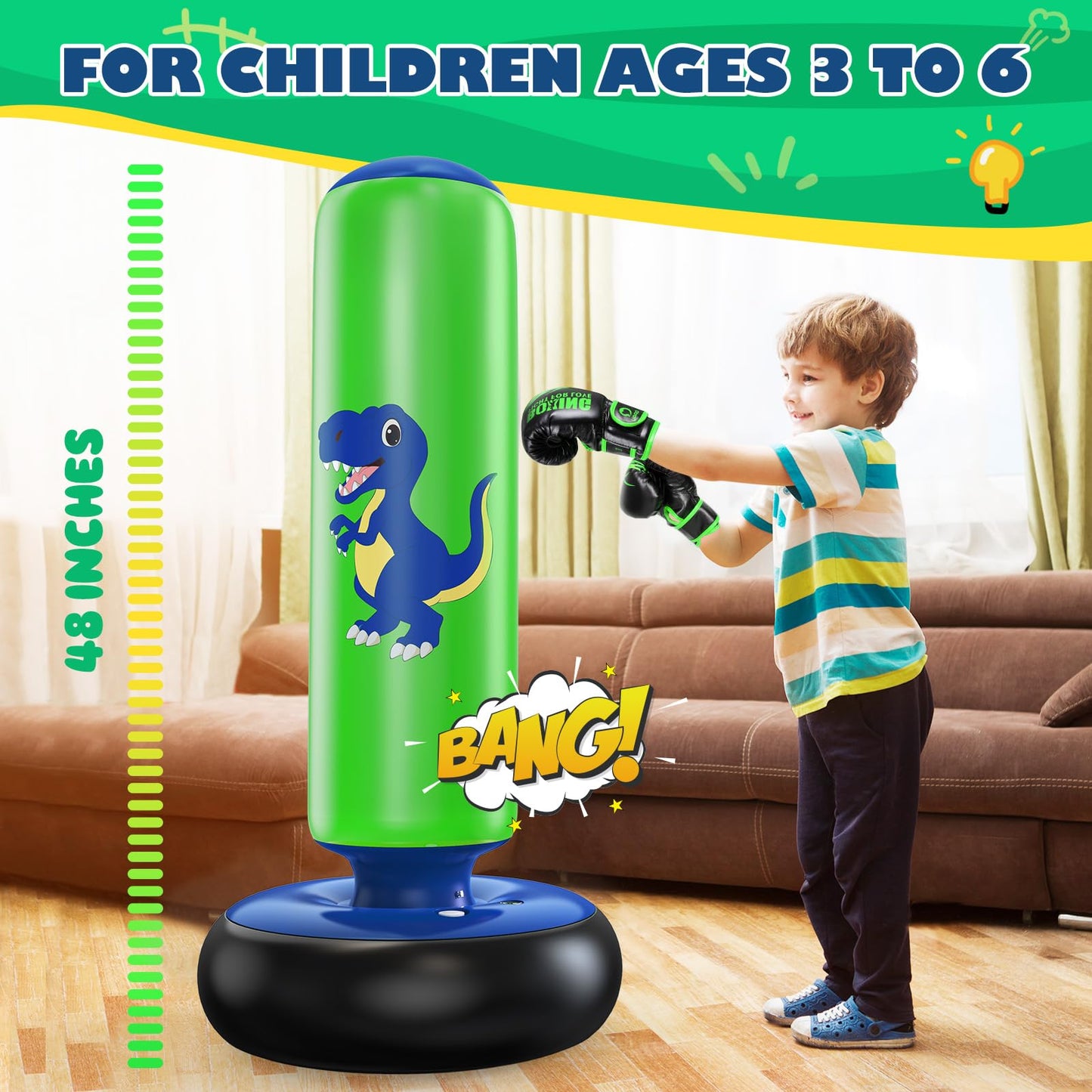 QPAU Inflatable Punching Bag, 48 Inch Stable Inflatable Boxing Bag for 3-6 Kids,Dinosaur Toy & Gifts for Boys and Girls, Kids Boxing Set for