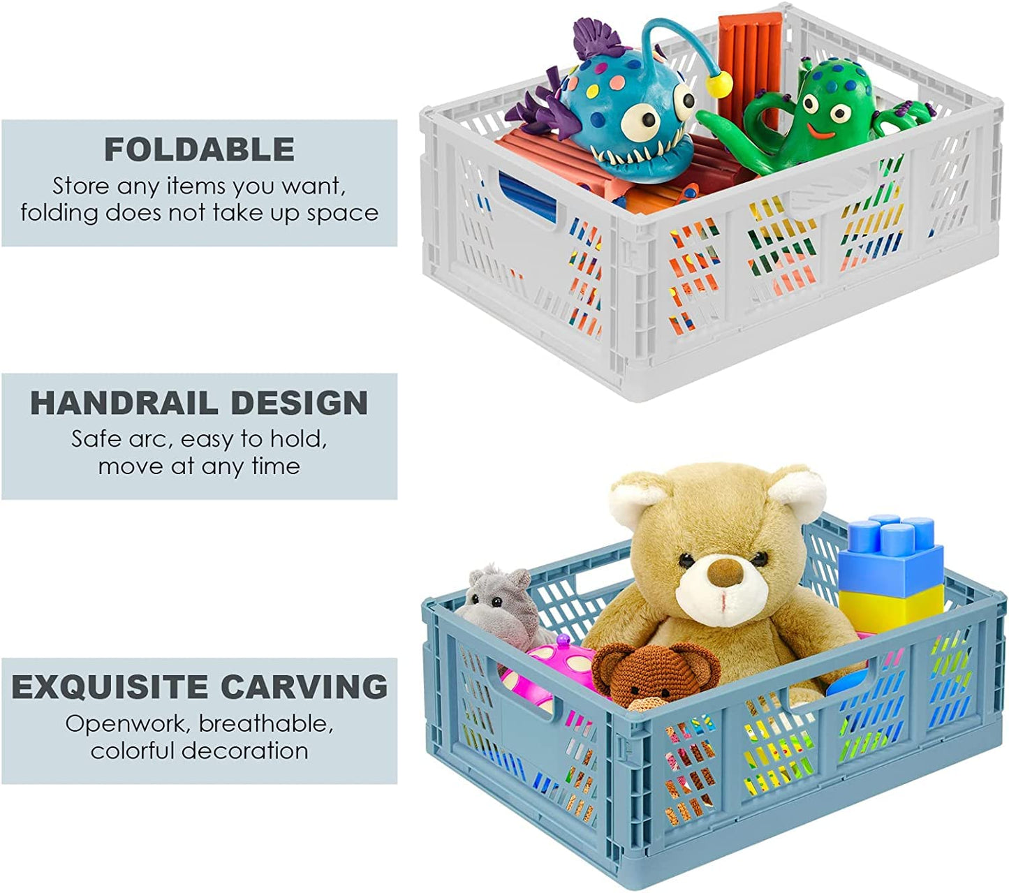 Bossjoy 4 Pack Plastic Storage Crates Foldable Shelf Storage Basket Bins for Food Fruit Vegetables Snacks Toys Toiletries