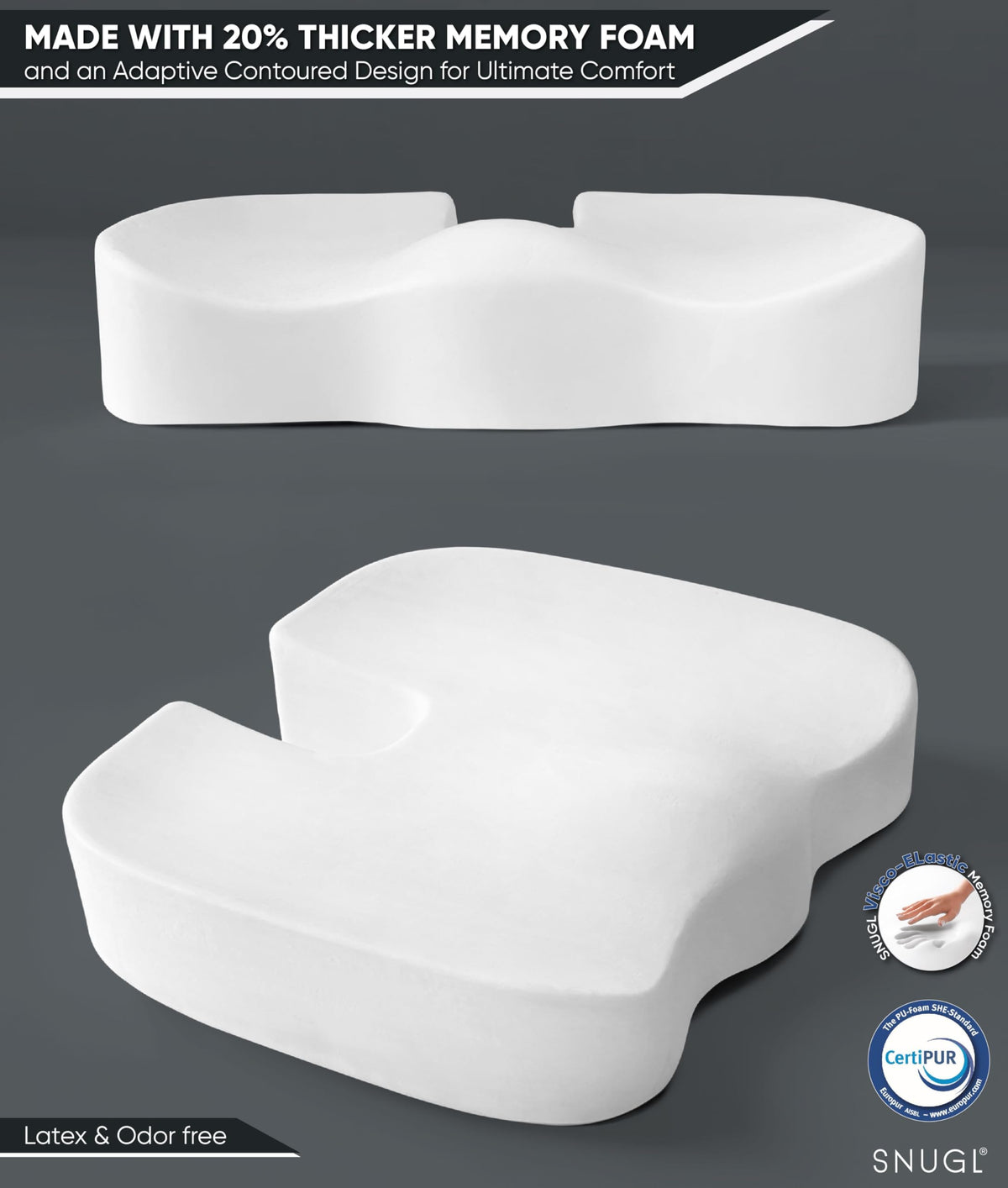 SNUGL Coccyx Cushion | Thick Memory Foam Seat Cushion for Office, Car, Wheelchair & Gaming Chair | Orthopedic Support Pillow for Tailbone, Sciatica,