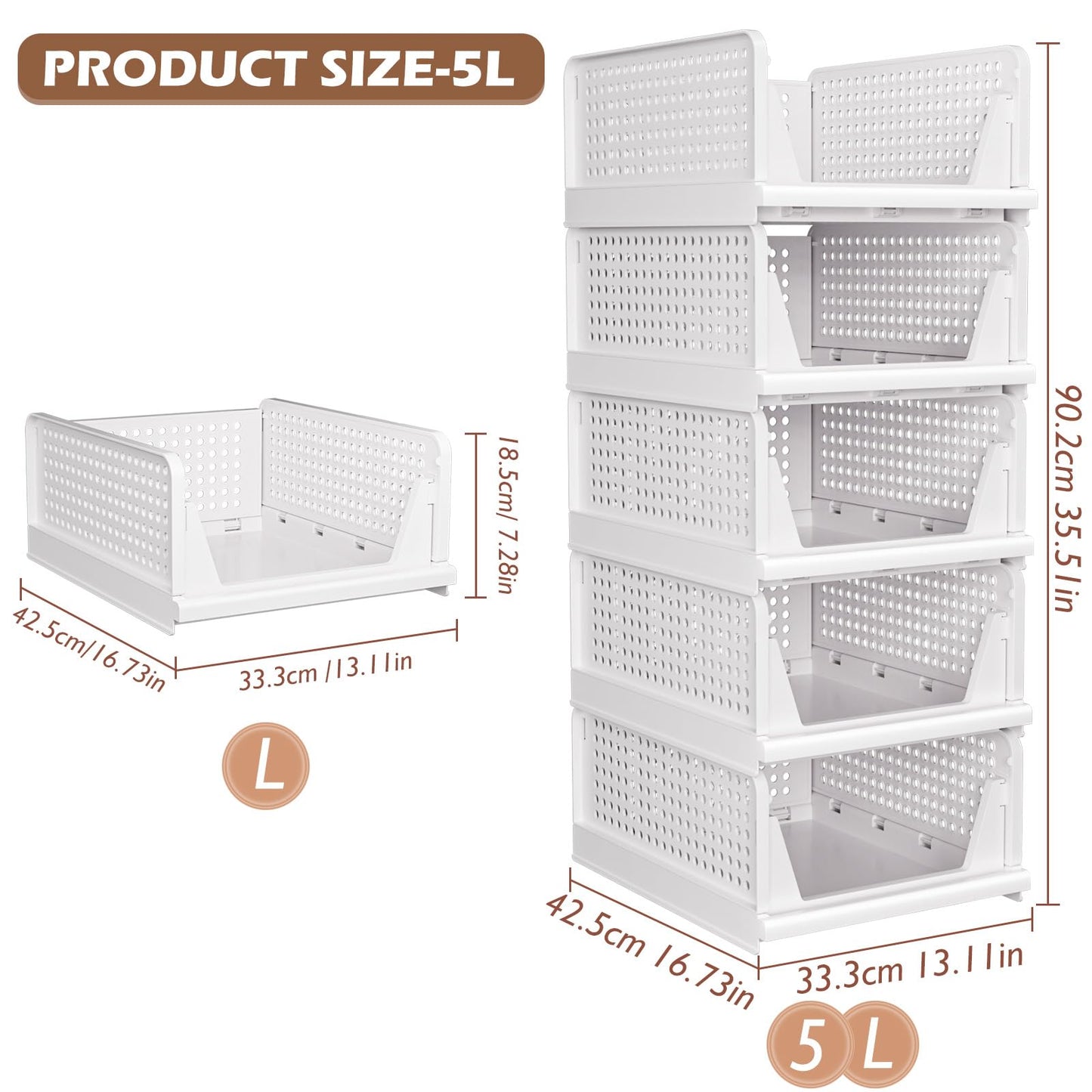 TidyIsles Wardrobe Storage Organiser - 5 Pack Folding Closet Organisers, Stackable Storage Boxes, Plastic Drawer Organiser Basket for Bedroom Kitchen