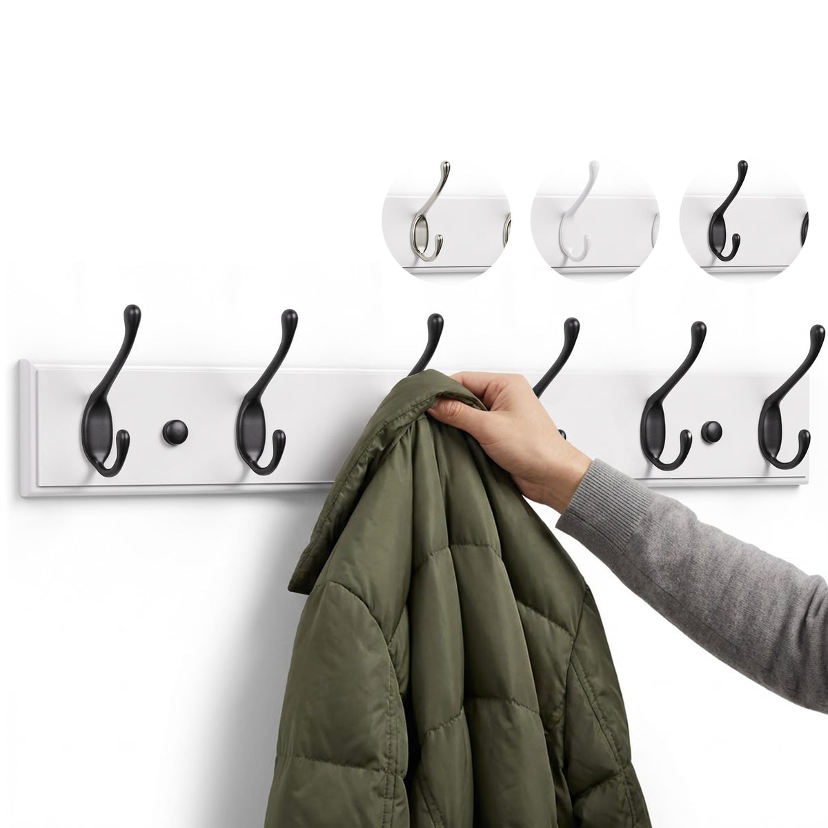 LARHN White Wall-Mounted Coat Rack - 6 Black Coat Hooks, 59cm