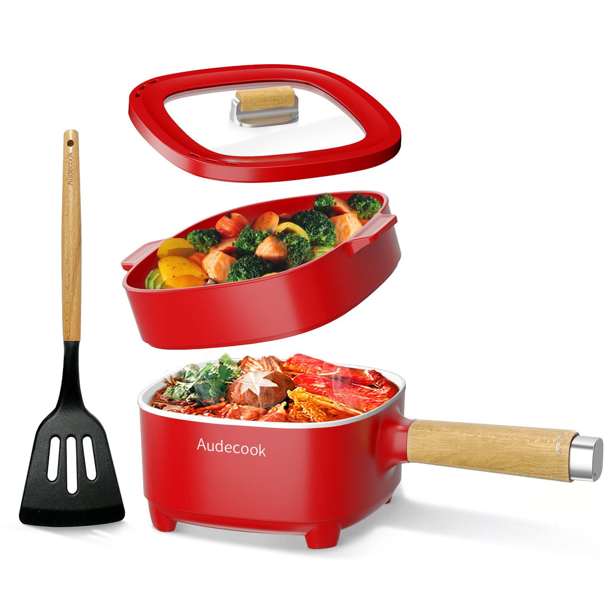 Audecook Electric Hot Pot, Cermic Glaze Non-Stick Frying Pan, Portable Travel Multicooker for Ramen, Steak, Egg, Fried Rice, Oatmeal, Soup, 350W/800W