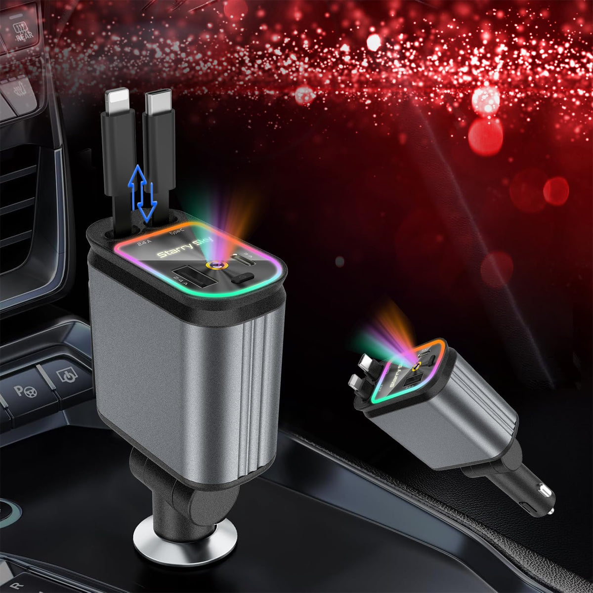 4 in 1 Car Charger Retractable 66W Fast USB C Car with Starry Sky Light 180? Adjustable Car Charger Compatible for iPhone 15/14/13/12 Galaxy S24/S23